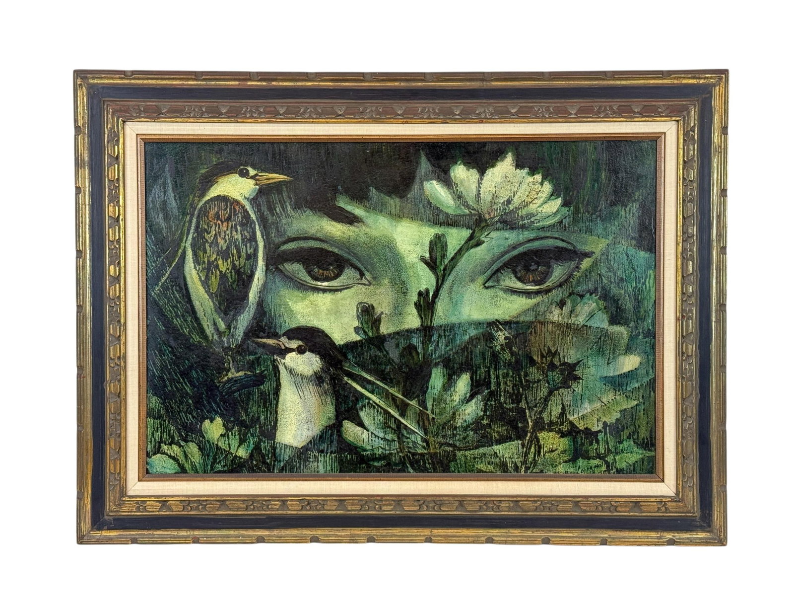 Phyllis Londraville, Bird watcher, A/B.: Londraville, Phyllis (California/New York, 1920-2002). Bird watcher. Acrylic on board. Signed l.r. Sight: 22 1/2" x 34 1/2". Frame: 32" x 44".