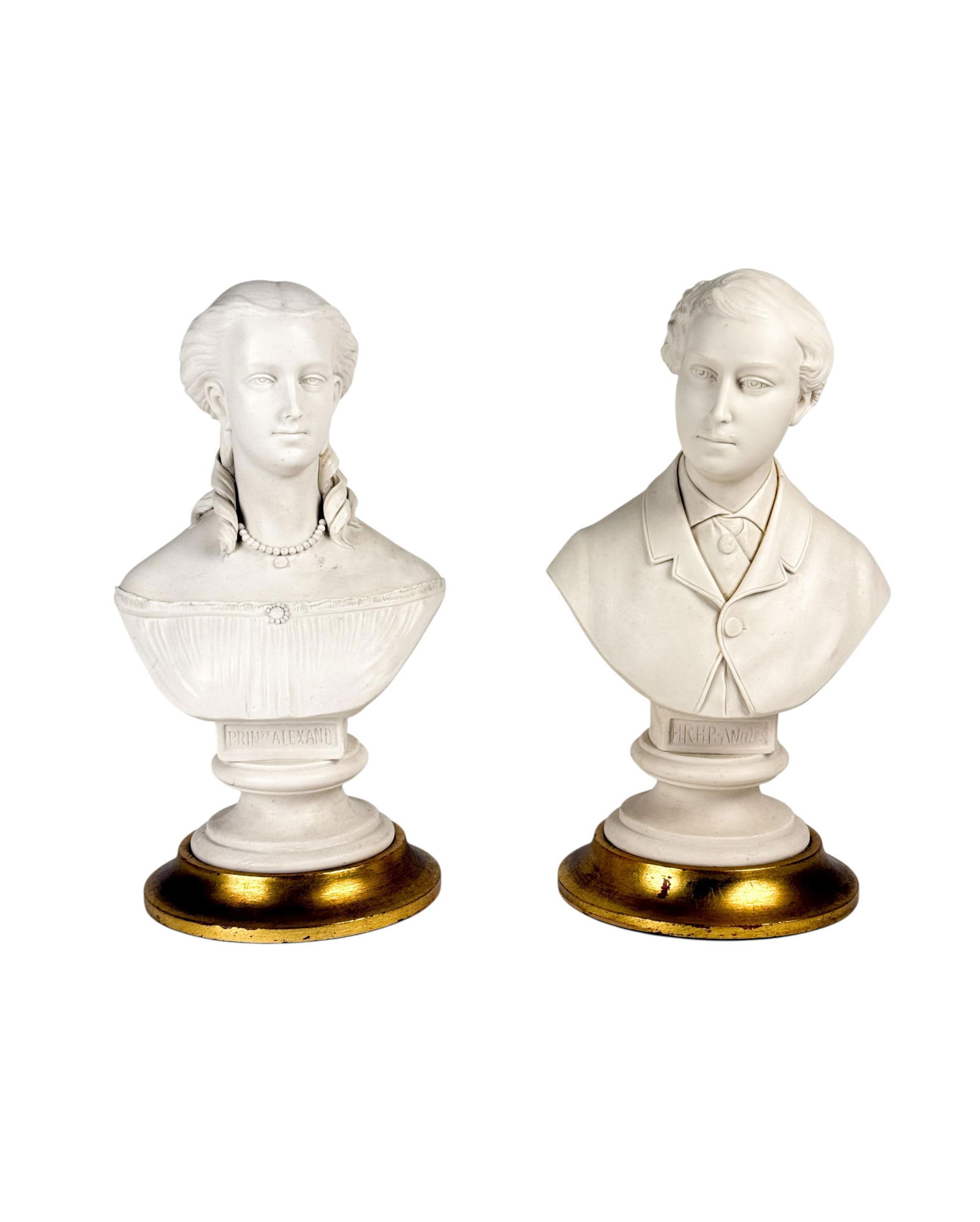 John Rose & Co, Pr. Edward & Pss. Alexandra busts.: A pair of John Rose & Co. Coalport busts of Prince Edward and Princess Alexandra. February 18, 1863. Signed and dated on verso. With bases: 14 1/2" x 8". Condition: Residue, light pitting, and abrasio