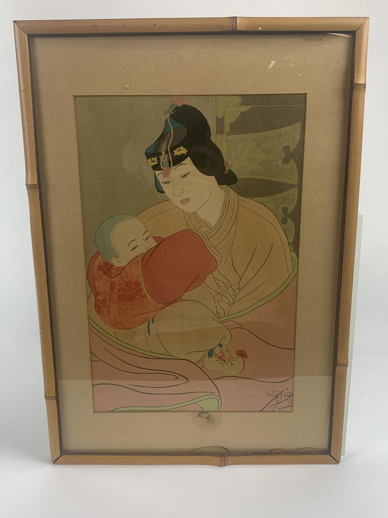 Paul Jacoulet, "Le Tresor, Coree," woodblock.: Jacoulet, Paul (French, 1896-1960). "Le Tresor, Coree." Woodblock print. 1940. Signed and artist butterfly seal l.r. Sight: 18 1/2" x 13". Frame: 20" x 13 3/4". Condition: Mat burn, fading.