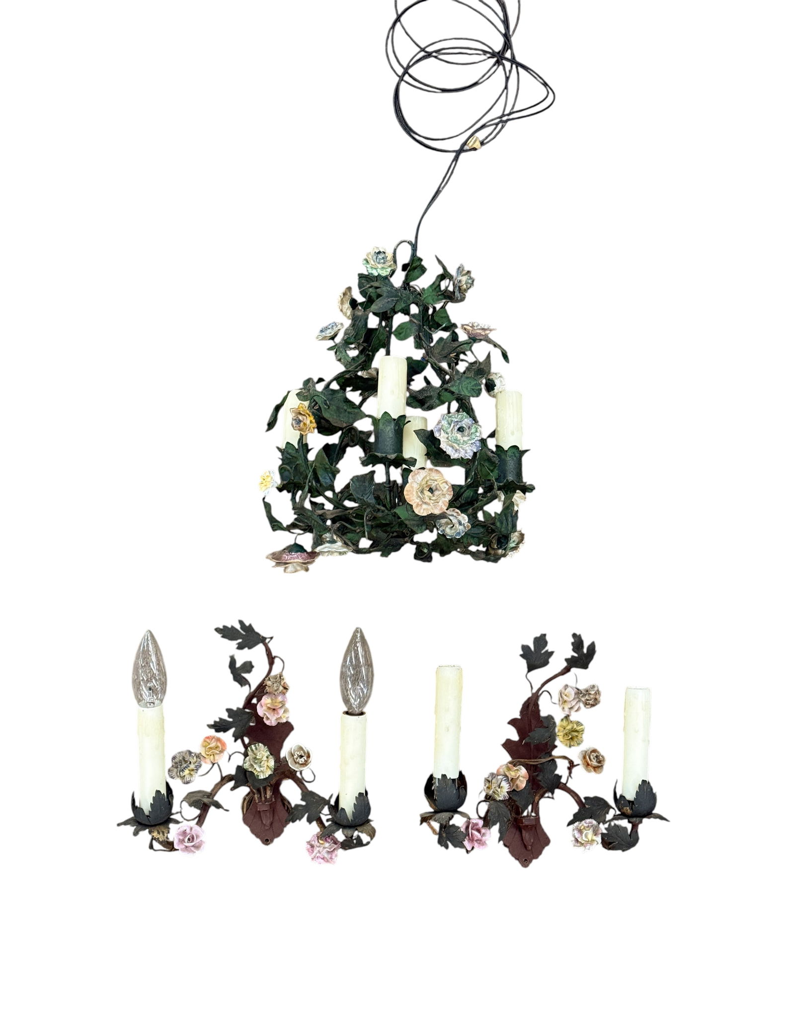 French enamel flower chandelier & 2 sconces.: A French enamel flower and metal chandelier and two scones. Chandelier: 13" x 10". Sconce: 9 1/2" x 9".