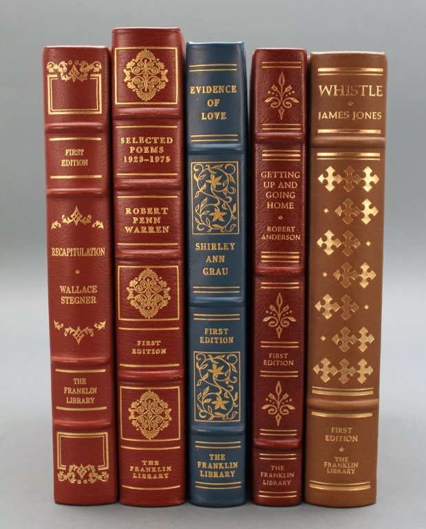 5 Books: Franklin Library. Stegner, Grau, Warren..: [Franklin Library]. 5 First Editions. Franklin Center: Franklin Library, v.d. 8vo. Full leather with elaborate gilt designs, all edges gilt. Fine condition. Illustrated. ++ James Jones. WHISTLE. 1978.