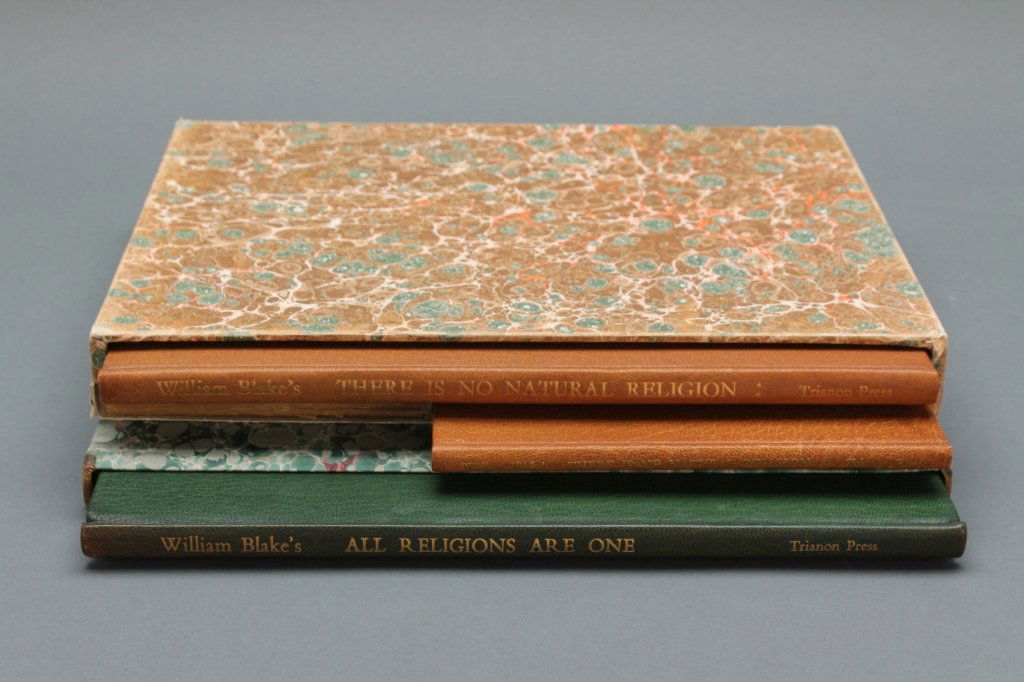 William Blake: 2 Books incl ALL RELIGIONS ARE ONE.: [Blake, William]. 2 Titles. ++ THERE IS NO NATURAL RELIGION. 2 Vols (in same slipcase). (Clairvaux, Jura, France: Trianon Press/ Lon: Bernard Quaritch), [1971]. One volume 4to, one 12mo, same slipcase