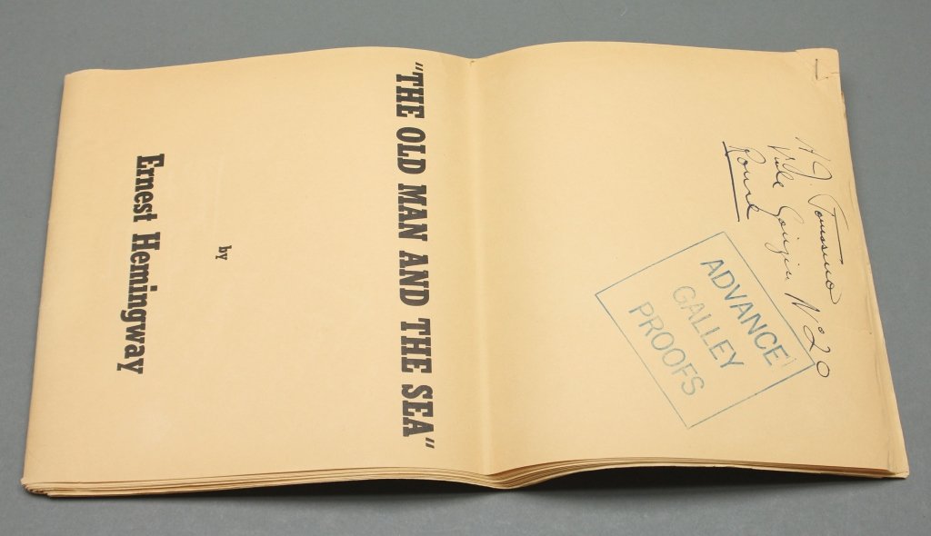 Advance Proof: THE OLD MAN AND THE SEA. Life 1952.: [Hemingway, Ernest]. “THE OLD MAN AND THE SEA”. Advance Galley Proofs for edition published by Life, 1952. [16] sheets, unbound, staple at upper corner. Original folds (in 4 sections). 8vo. First 