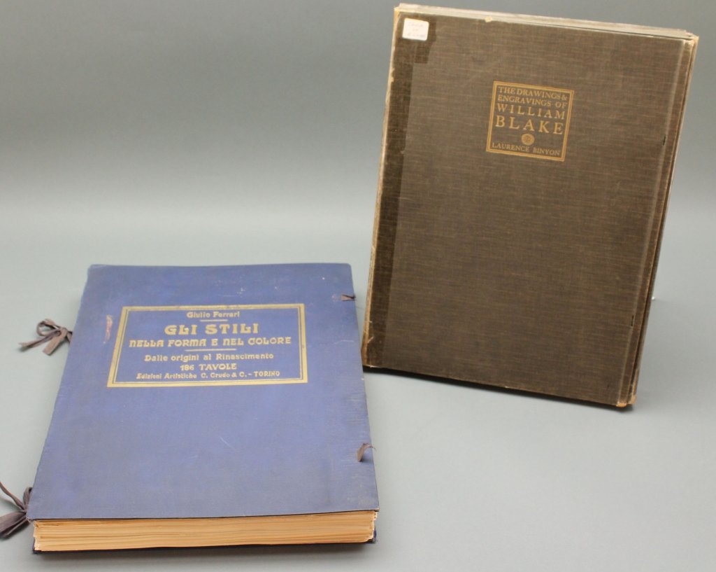 2 Items incl: DRAWINGS... WILLIAM BLAKE. 1922.: [Blake, William/Architecture]. 2 Titles. Folio. Sold with all faults. ++ Laurence Binyon. THE DRAWINGS AND ENGRAVINGS OF WILLIAM BLAKE. Lon: Geoffrey Holme, 1922. Paper-covered boards simulating vellu