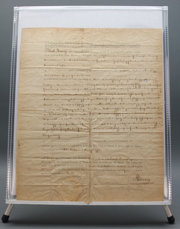 Patrick Henry. Signed land grant. Nov. 19, 1785.: [Land Grant/Virginia]. Patrick Henry. DS. Land grant issued to John Baker and Henry Higgins, in Henry’s capacity as Governor of Virginia. “…One thousand Acres by Survey bearing Date the fifteent
