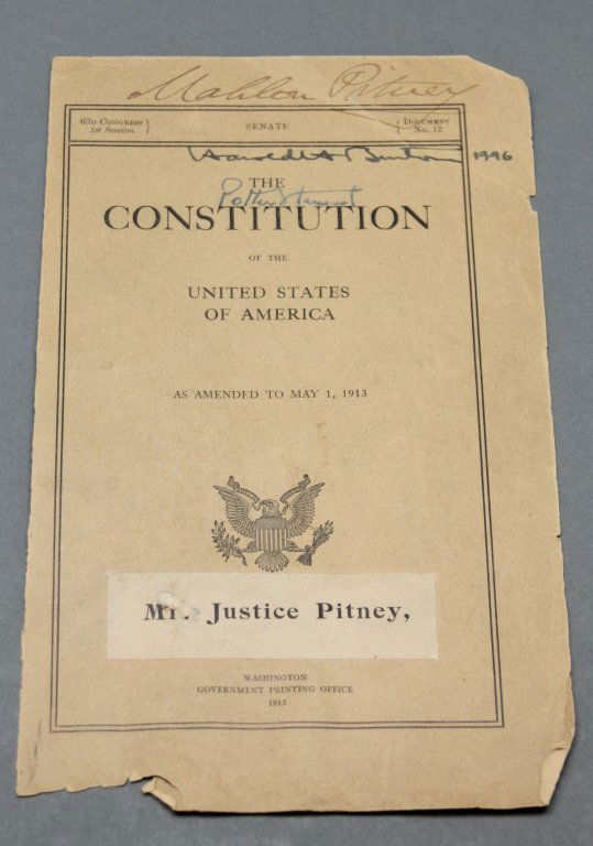 Signed by SC Justices Pitney, Burton, and Stewart.: [Supreme Court Justices]. Front wrap from a 1913 printing of the Constitution, signed by 3 Supreme Court justices. Signed “Mahlon Pitney” (Supreme Court Associate Justice, 1912-1922) “Harold H B