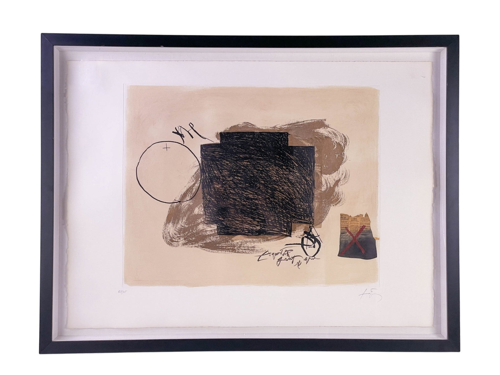 Tapies, "Cercle croix et collage," etching.: Tapies, Antoni (Spanish, 1923-2012). "Cercle, Croix et collage." Etching with color aquatint and collage on wove paper. Edition 67/75. Signed l.r. Frame: 32 3/8" x 42 5/8". Condition: Toning along