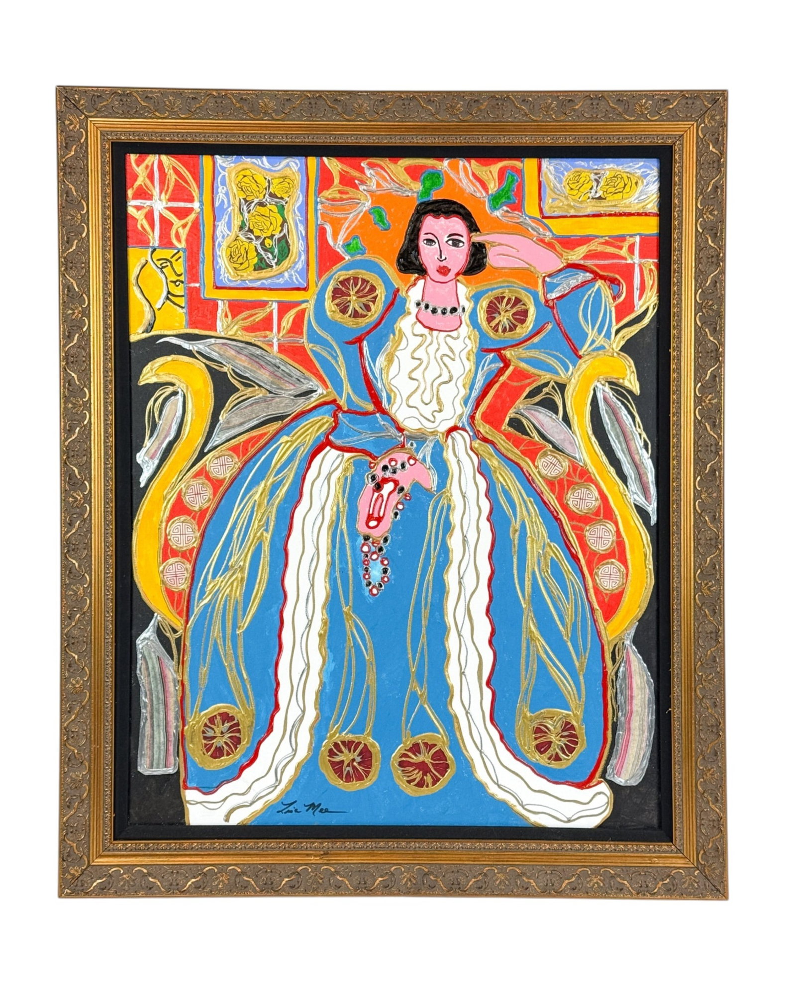 Lisa Mee, "Woman in a blue dress," MM/C.: Mee, Lisa (Irish/Korean/American, b. 1974). "Woman in a blue dress." #194. Mixed media on canvas. Signed l.c. Signed, titled, and numbered on verso. Sight: 29 1/2" x 23 1/2". Frame: 35" x 29".
