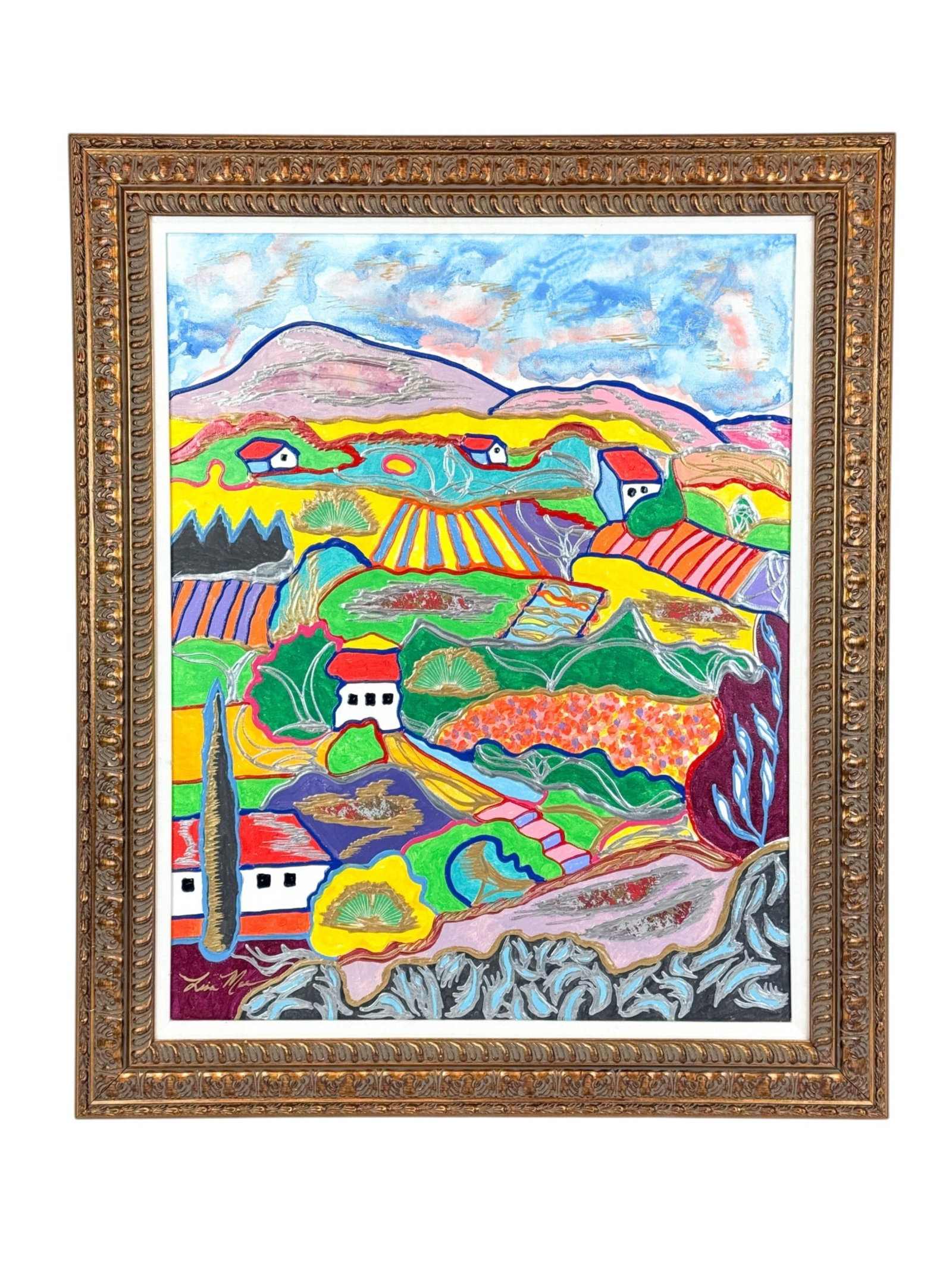 Lisa Mee, "View of the Luberon Valley...," MM/C.: Mee, Lisa (Irish/Korean/American, b. 1974). "View of the Luberon Valley from Les Baux Provence, France." #180. Mixed media on canvas. Signed l.l. Signed, titled, and numbered on verso. Sight: 29 1/2"