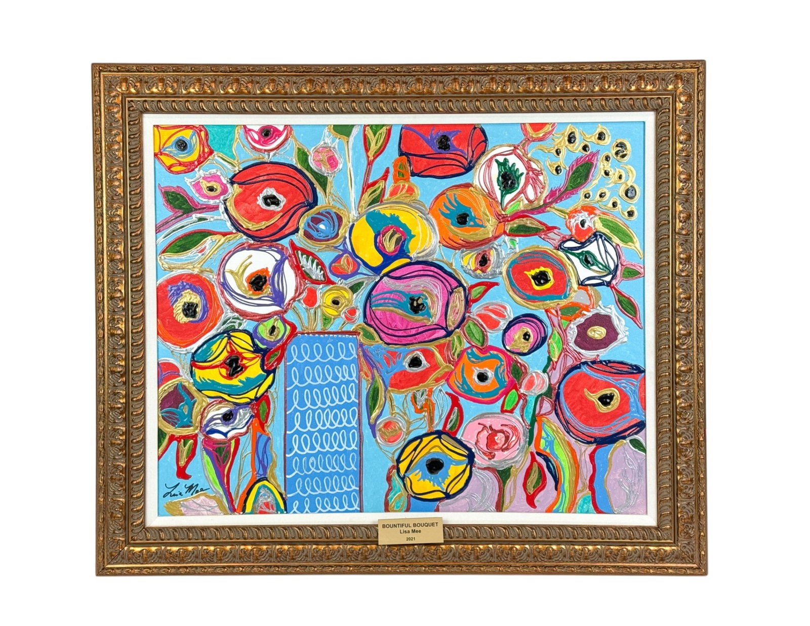 Lisa Mee, "Bountiful bouquet," MM/C.: Mee, Lisa (Irish/Korean/American, b. 1974). "Bountiful bouquet." #182. Mixed media on canvas. Signed l.l. Signed, titled, and numbered on verso. Sight: 23 1/2" x 29 1/2". Frame: 31" x 36 1/2".