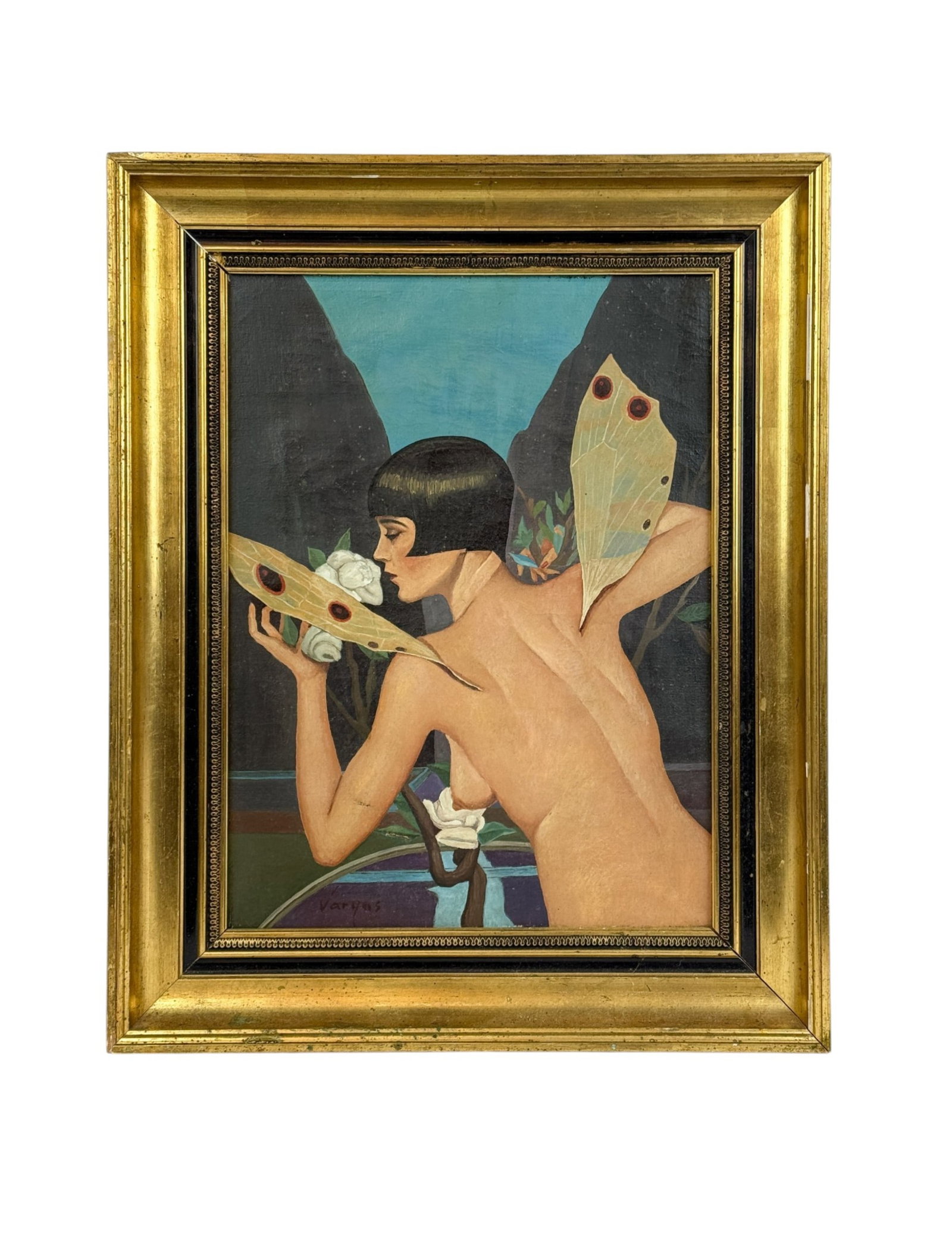 Copy of Alberto Vargas, "Dragonfly," O/C.: A copy of Alberto Vargas (Peruvian/American, 1896-1982) 1922 watercolor "Dragonfly." Oil on canvas. Mid 20th century. Sight: 15" x 11 1/4". Frame: 20" x 16". Condition: Craquelure, warping to canvas,