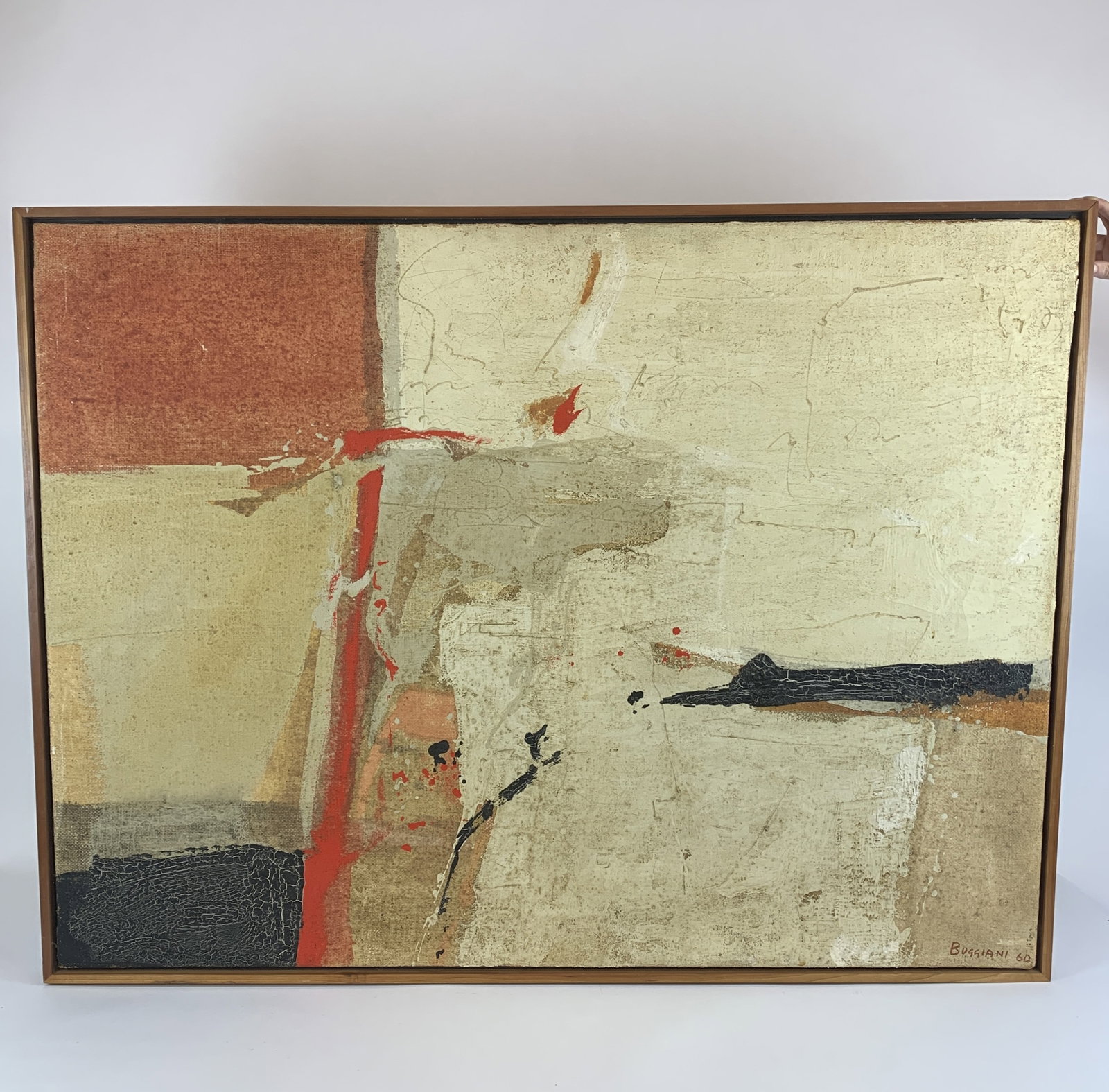 Paolo Buggiani, Abstract, 1960, O/C.: Buggiani, Paolo (Italian, b. 1933). Abstract composition. Oil on canvas. 1960. Signed and dated l.r. Sight 38" x 51". Frame: 40" x 53". Condition: Craquelure.
