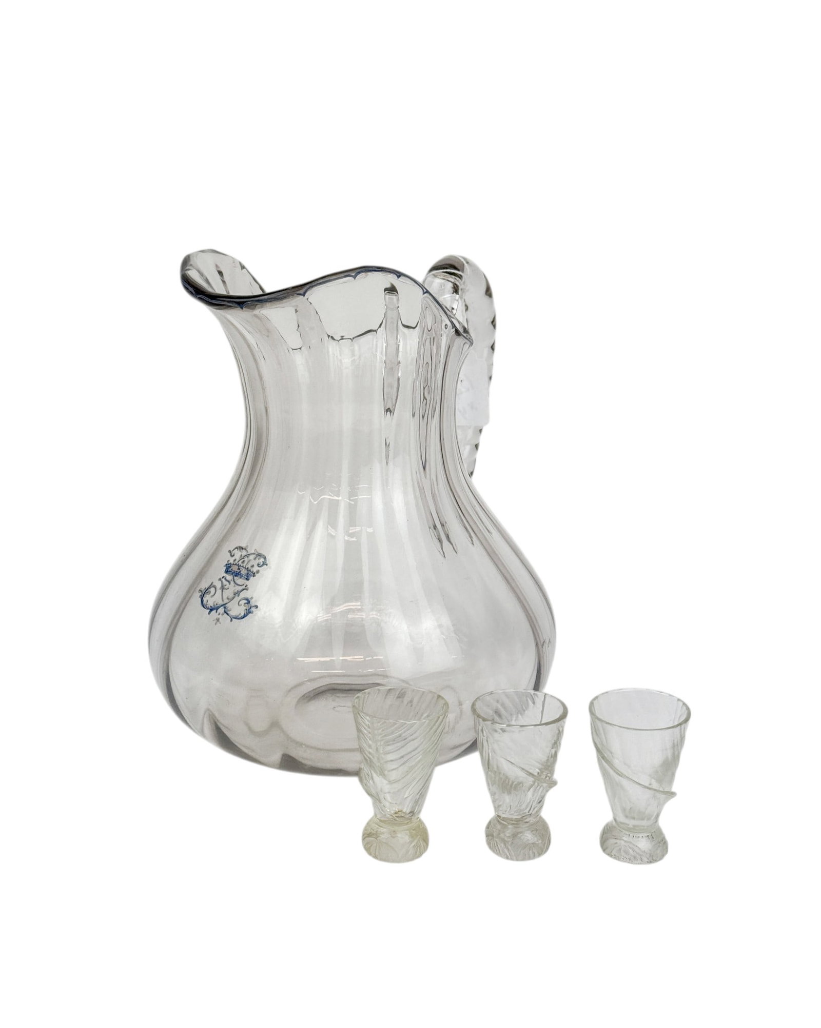 Galle pitcher and 3 liquor glasses. (1 of 8)