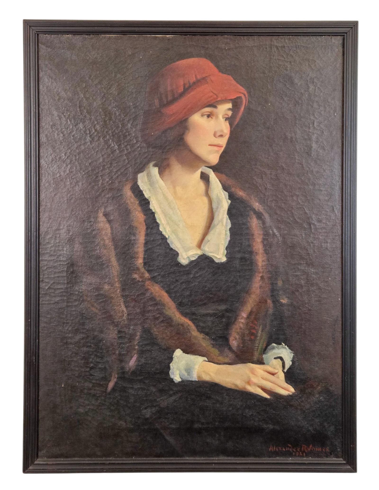 Alexander R. James, Portrait of a woman, 1921, O/C: James, Alexander Robertson (New Hampshire, 1890-1946). Portrait of a seated young woman wearing a cloche-style hat, a dark dress with white collar and cuffs, and a fur stole. Circa 1921. Oil on canvas