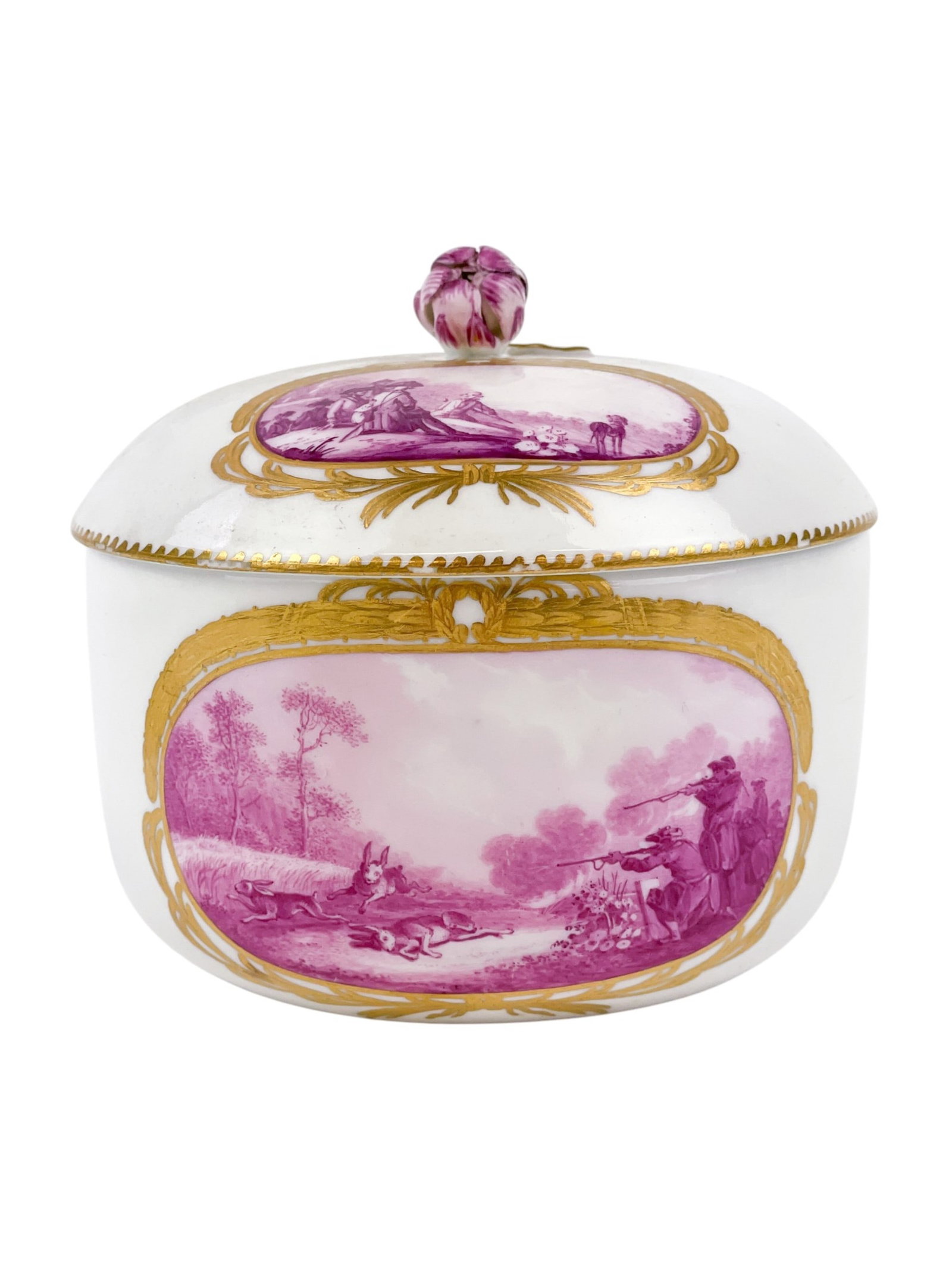 Meissen porcelain lidded sugar bowl.: A Meissen porcelain lidded sugar bowl with flower finial and pink hunting scenes. Underglaze mark on bottom. 4 1/4" x 4 1/2". Provenance: From the Estates of Raymond Bahor & Michael Mahoney. Mahoney w