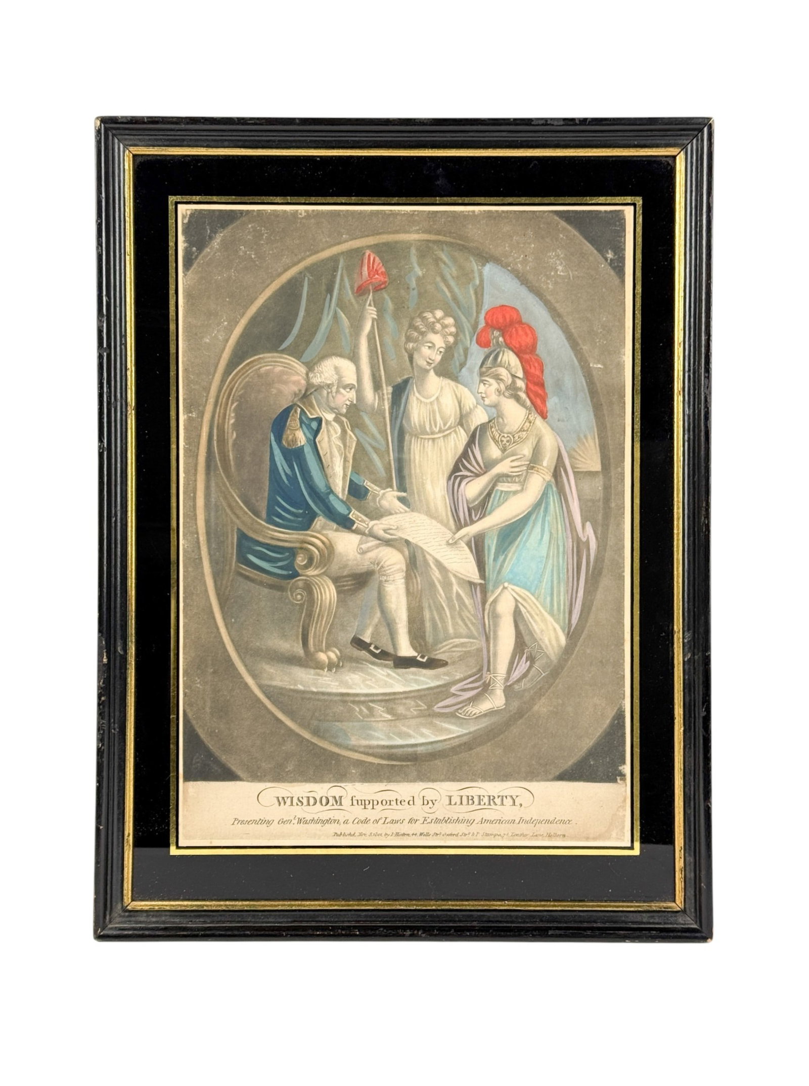 Hinton & Stampa, "Wisdom Supported by Liberty.": J. Hinton (British) and P. Stampa (British, 1798-1817). "Wisdom Supported by Liberty" hand-colored engraving depicting George Washington receiving a code of laws from allegorical figures. Published No