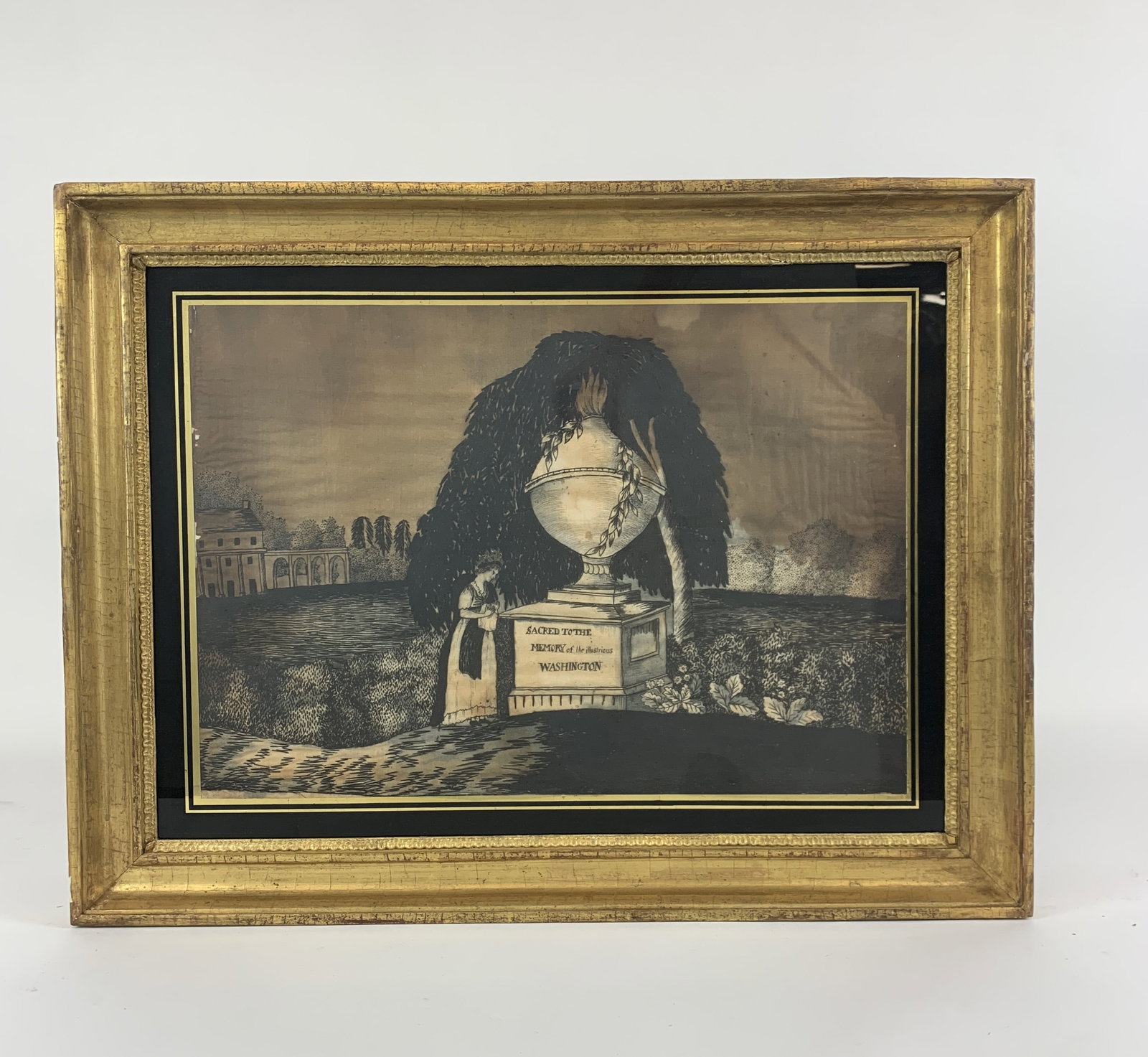 Washington Memorial mourning print.: A Washington memorial print after an early American mourning engraving. Depicting a female mourner beside a monument inscribed "Sacred to the Memory of the Illustrious Washington," with Mount Vernon i