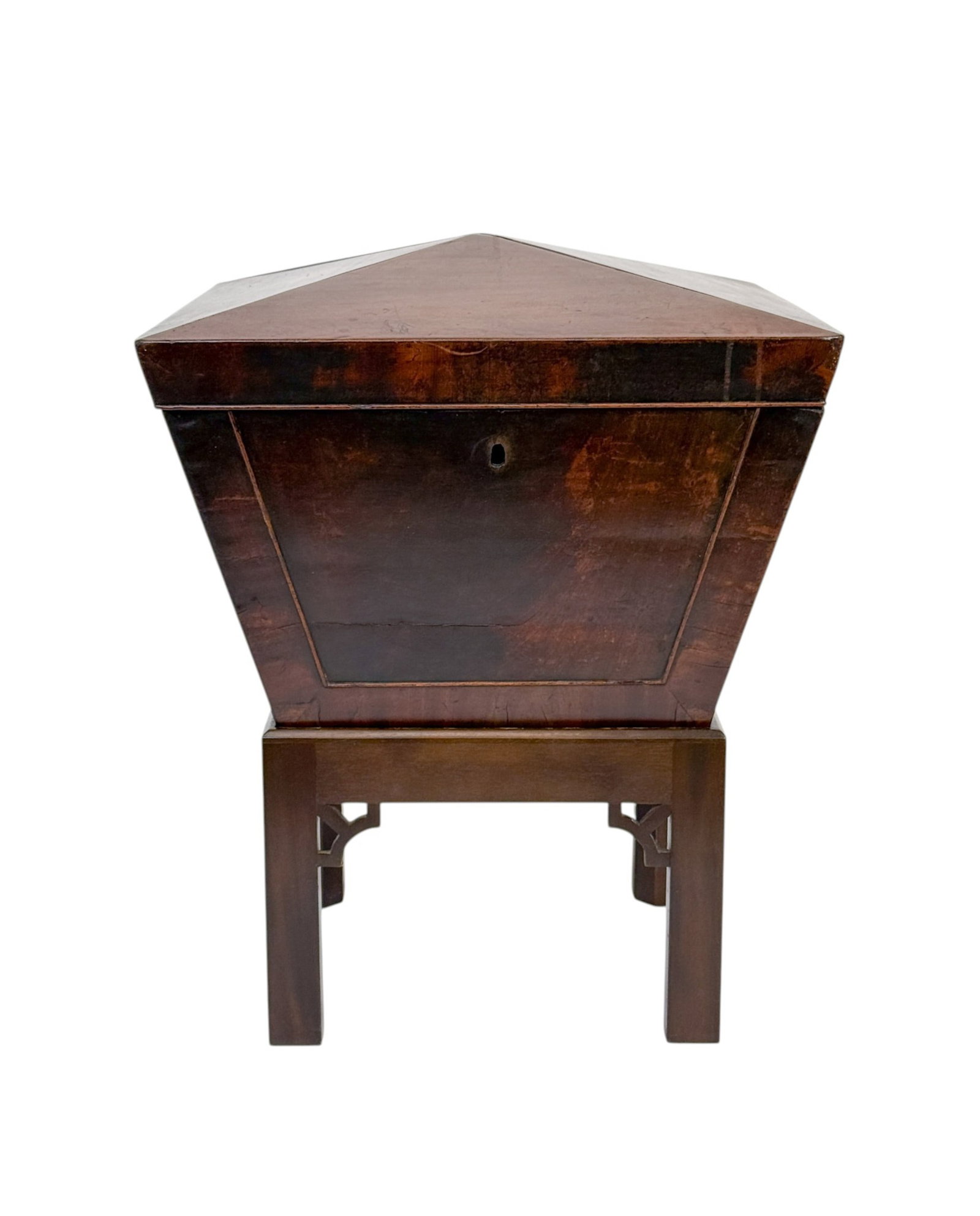 English mahogany sarcophagus cellarette.: An English sarcophagus cellarette on stand. Mahogany primary and pine secondary. Missing lock. 25" x 18".