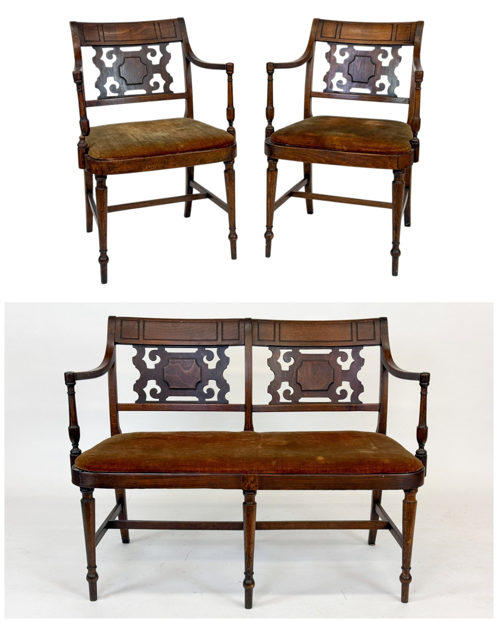 English oak Jacobean Revival settee & 2 chairs. (1 of 12)