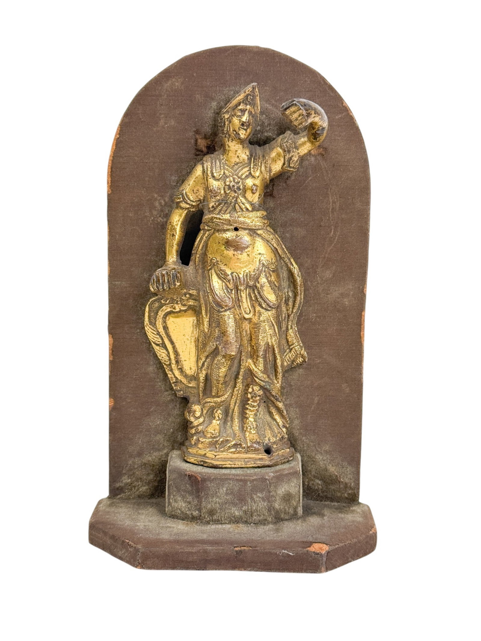 Italian gilt bronze Minerva.: An Italian gilt bronze Minerva. 17th century. Canvas on wood stand. Figure: 6" x 2 3/4" x 1 1/2". With mount: 7 7/8" x 4 1/2" x 2".