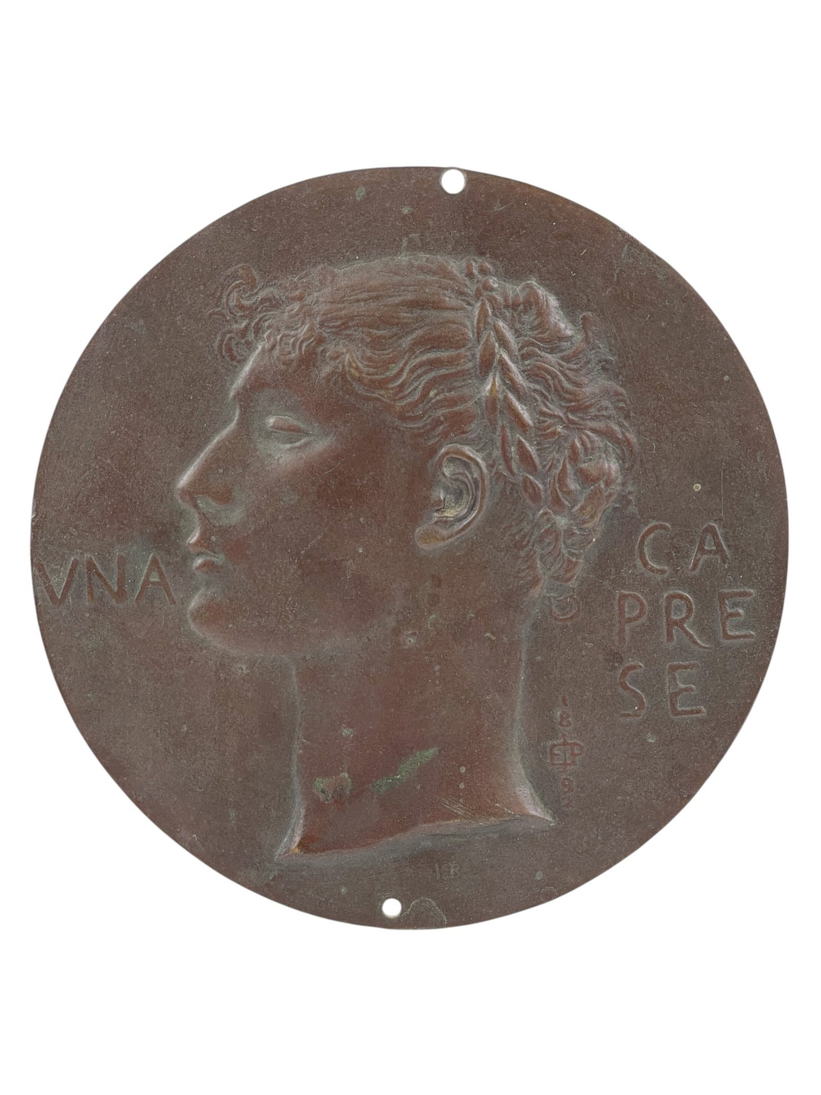 Victorian E.J. Poynter bronze plaque.: A Victorian Edward John Poynter (English, 1839-1919) bronze plaque featuring a young male in profile. Marked "VNA CAPRESE" and signed "EJP 1882." 5 3/4". Provenance: From the Estates of Raymond Bahor