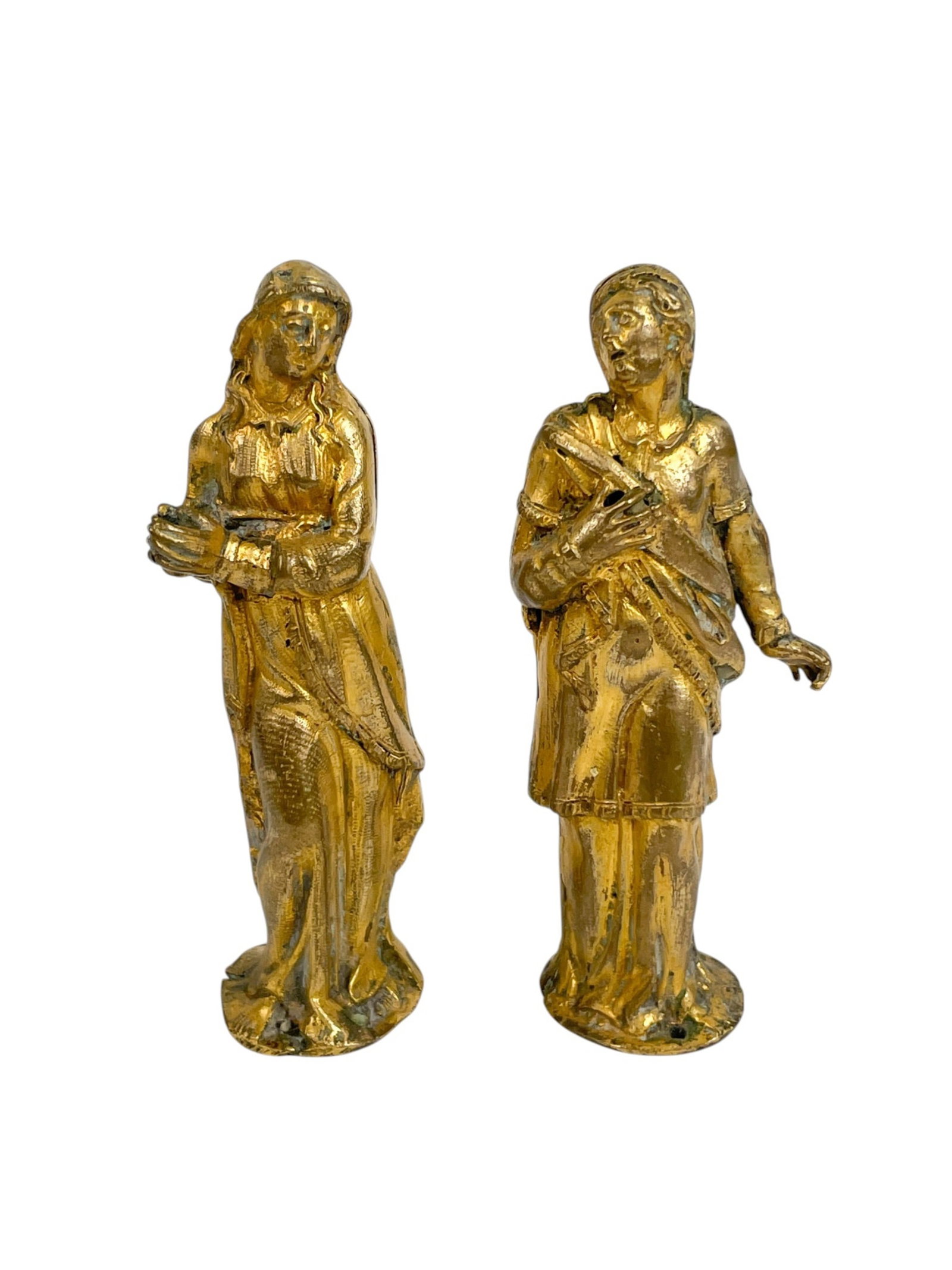 2 Continental gilt bronze enameled women.: A pair of Continental gilt bronze enameled women. 16th to 17th century. 3 1/2" x 7/8".