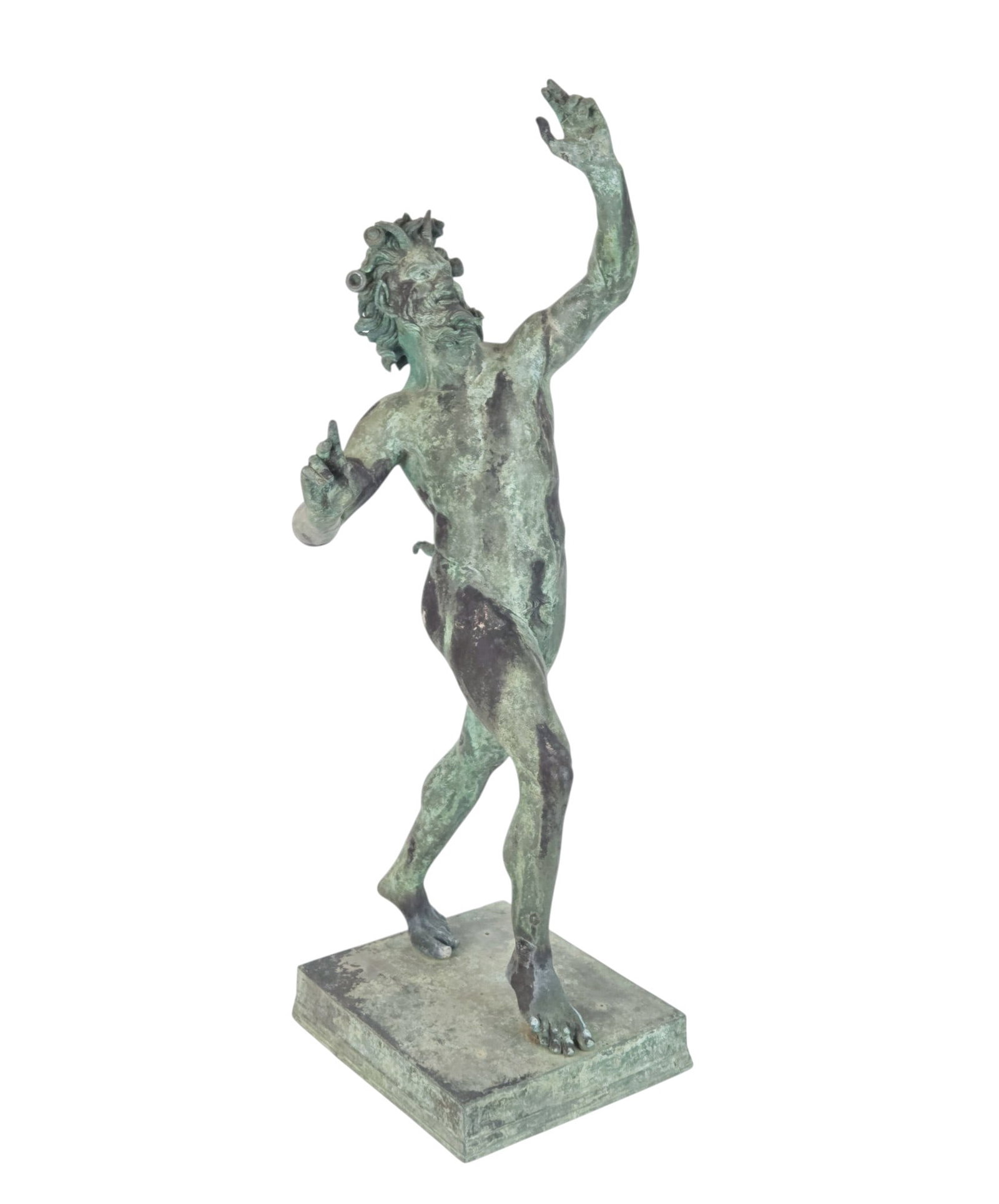 "The Dancing Faun," bronze, 19th c.: A bronze statue of "The Dancing Faun" after the 2nd century sculpture "House of the Dancing Faun" in Pompeii. 19th century. 31" x 8 1/2".