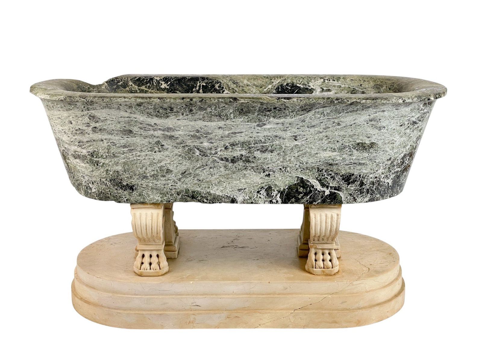 Grand Tour ancient marble basin.: A Grand Tour ancient marble basin. Late 18th to Early 19th century. Verde Antico basin on Giallo Antico base with legs with lion paw decoration. 11 1/4" x 24" x 11 3/4".