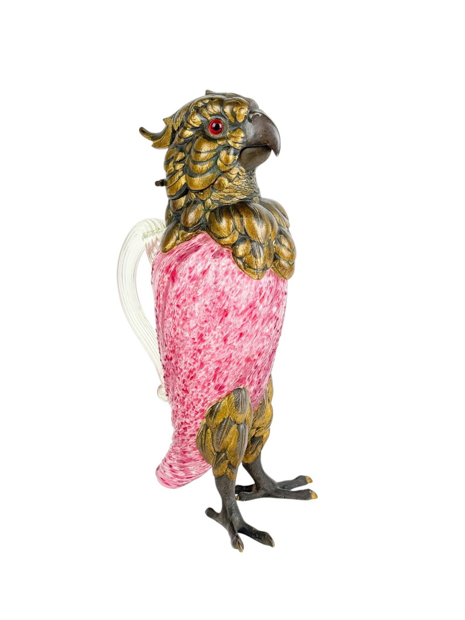 Parrot gilt bronze & glass Claret jug.: A Parrot gilt bronze and glass bodied Claret jug. Parrot head opens to reveal stopper. Unmarked. Circa 1900. 12" x 6 3/4" x 5".