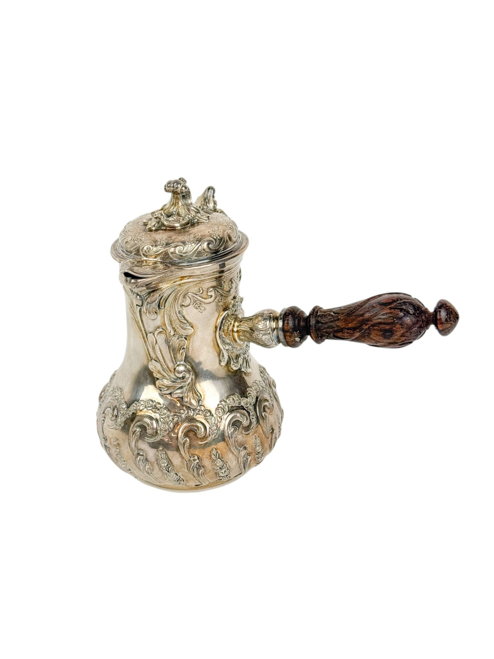 French Louis XVI silver Selfish coffee pot.: A French Louis XVI silver Selfish or Verseuse Marabout coffee pot. Circa 1787. Marker mark of Maitre Orf?vre? No?l C?sar Boutheroue-Desmarais on bottom. Repousse rocaille decoration and leaf with 4