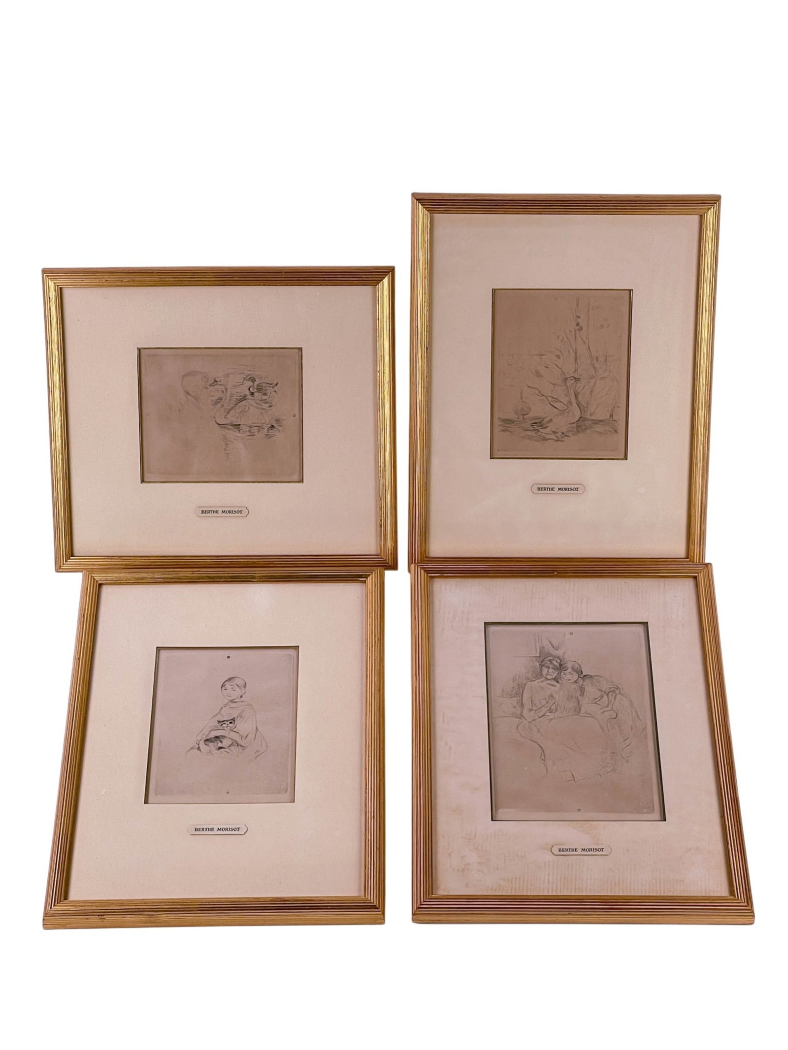 4 Berthe Morisot prints.: Morisot, Berthe (French, 1841-1895). A group of four prints depicting "The Drawing Lesson," child with cat, two swans in water, and two geese in a landscape. Frame: 13 7/8" x 11". Condition: Not exami