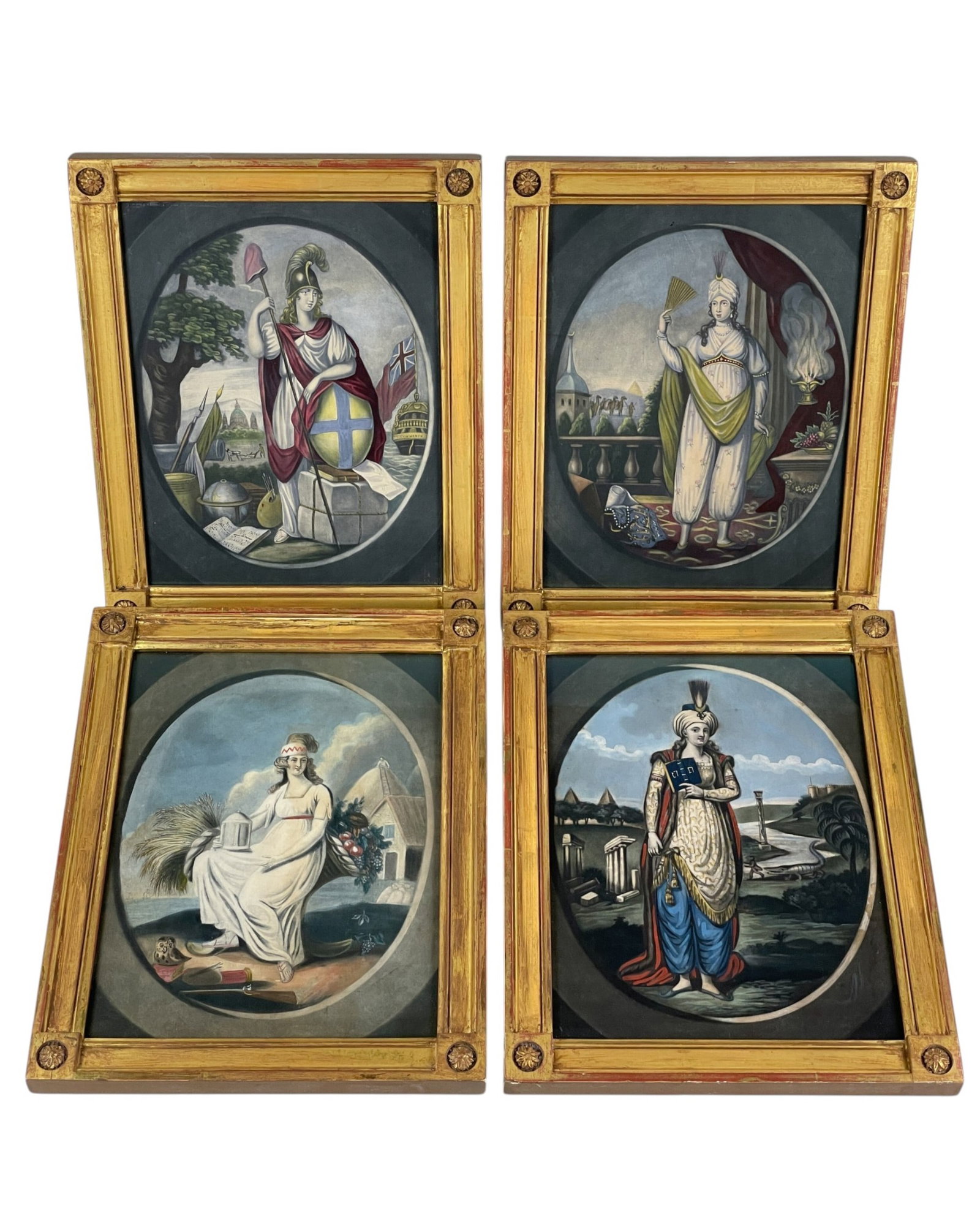 P. Stampa, 4 Allegorical Emblems.: Possibly P. Stampa (British, 1798-1817). A set of four allegorical emblems. Hand colored mezzotints personifying Africa, America, Asia, and Europe. Sight: 11 5/8" x 8 7/8". Frame: 14 1/4" x 11 1/2".