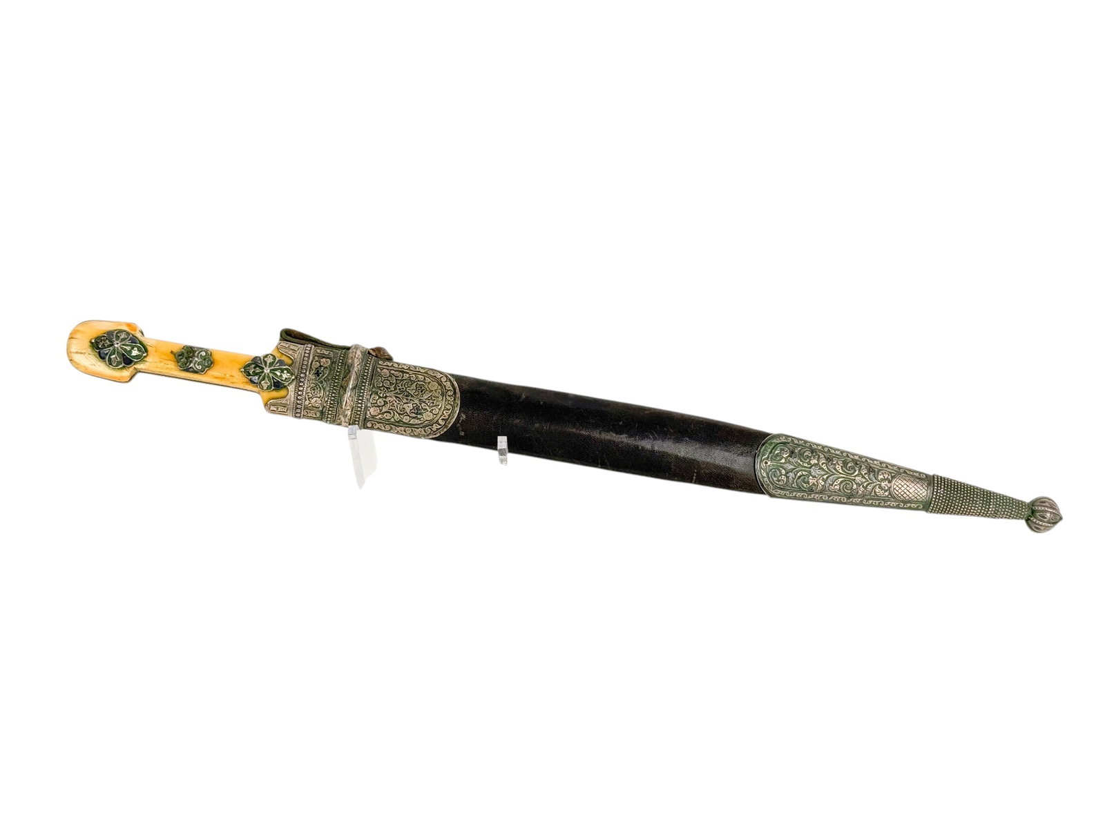 Russian Caucasus Kindjal sword with scabbard.: A Russian Caucasus Kindjal short sword with scabbard. 19th century. 14 1/4" double edged tapered blade. Gold damascened Imperial double headed eagle. Bone grips with silver mounts. Leather scabbard