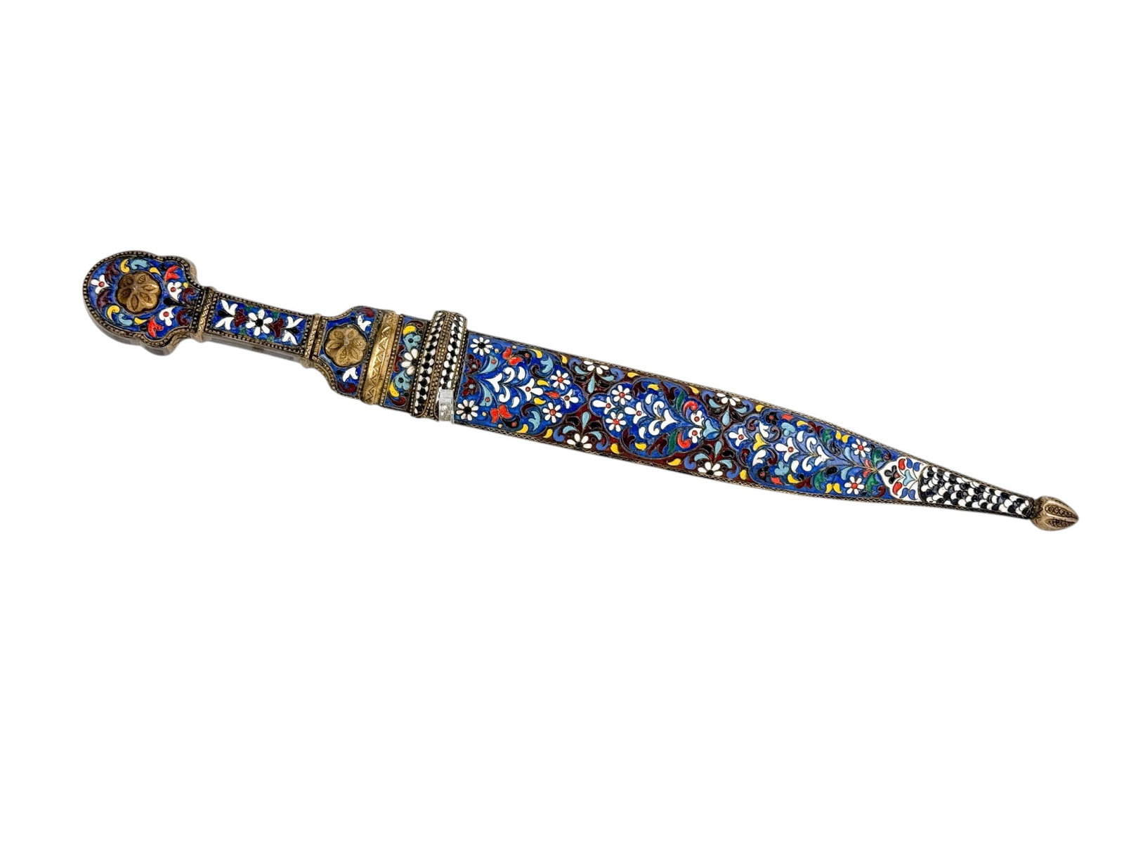 Russian Caucasus cloisonne Kindjal sword.: A Russian Caucasus Kindjal short sword with scabbard. 19th century. 10" double edged double fuller tapered blade. Partial gilt silver grip and scabbard with cloisonne, filigree, and niello