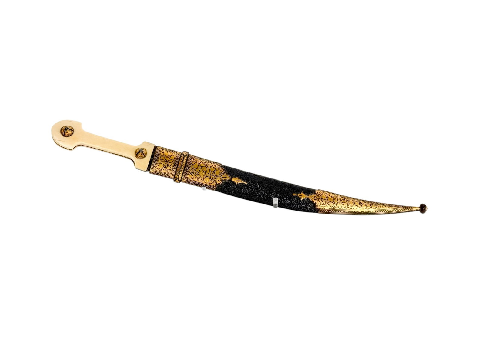 Russian Bebut Kindjal gold damascened sword.: A Russian Bebut Kindjal sword and scabbard. 19th century. 11" gold damascened single edged blade with deep fuller with "A" and stamped maker's mark. Bone grip with gold damascened iron decoration. Lea
