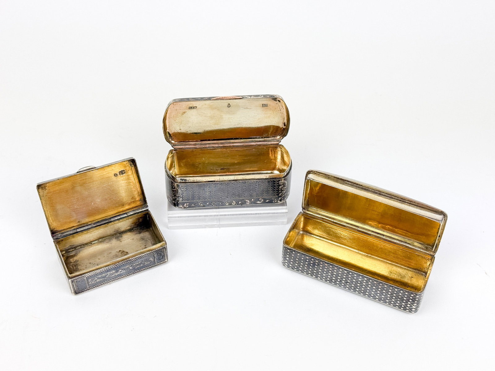 3 Niello silver boxes. - 4