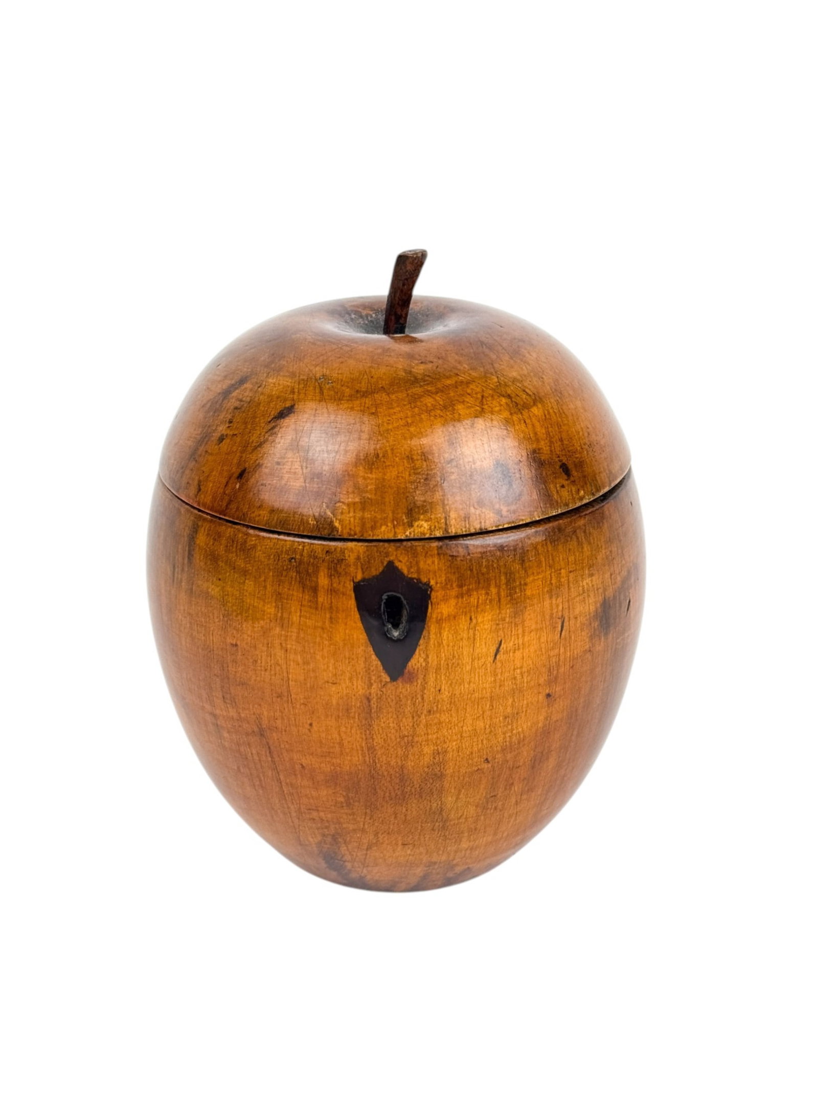 Applewood apple tea caddy, c. 1810.: An applewood tea caddy in the form of an apple. Circa 1810. 5 3/4" x 4 1/2". Condition: Abrasions.