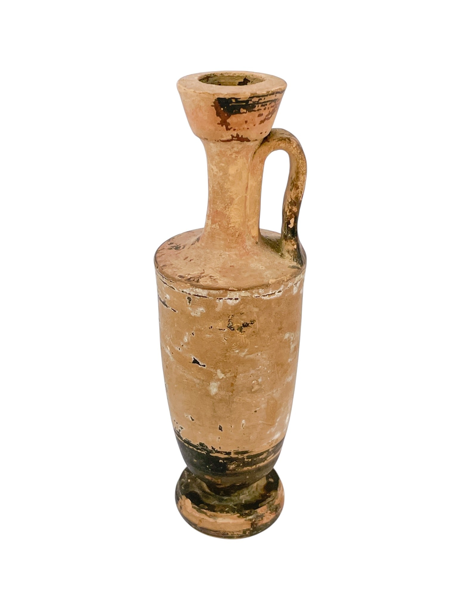 Greek lekythos.: A Greek lekythos (vessel for oil). 7 3/4" x 2 1/2". Condition: Loss to design, abrasions, and gouges. Provenance: Purchased from E. Gazarossian & E. Vitali.