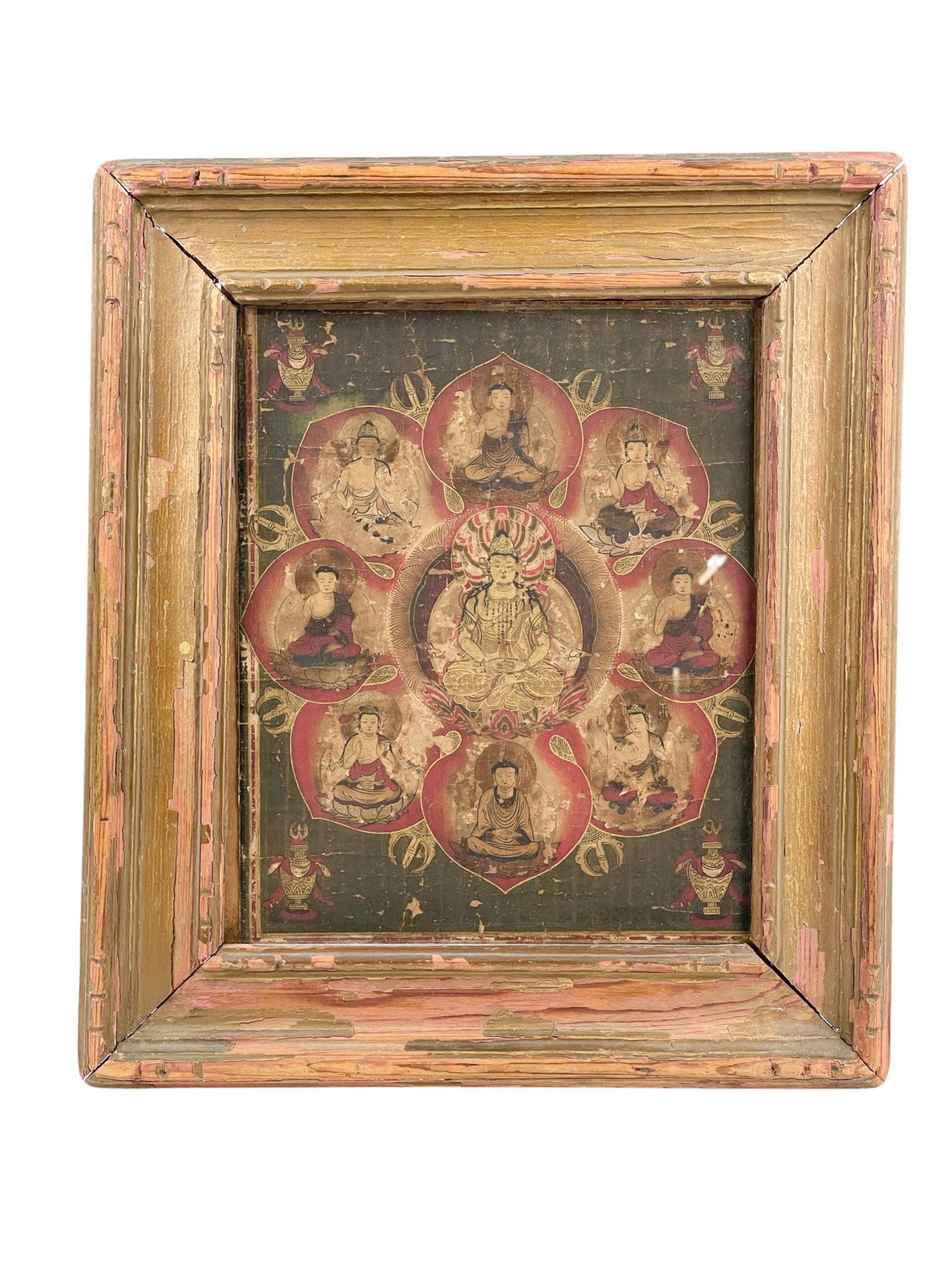 Partial Taizo-kai mandara.: A partial central mandala of the Taizo-kai mandara of Buddha and various figures. Frame: 16 1/2" x 14 1/2". Condition: Creases, loss, and wear.