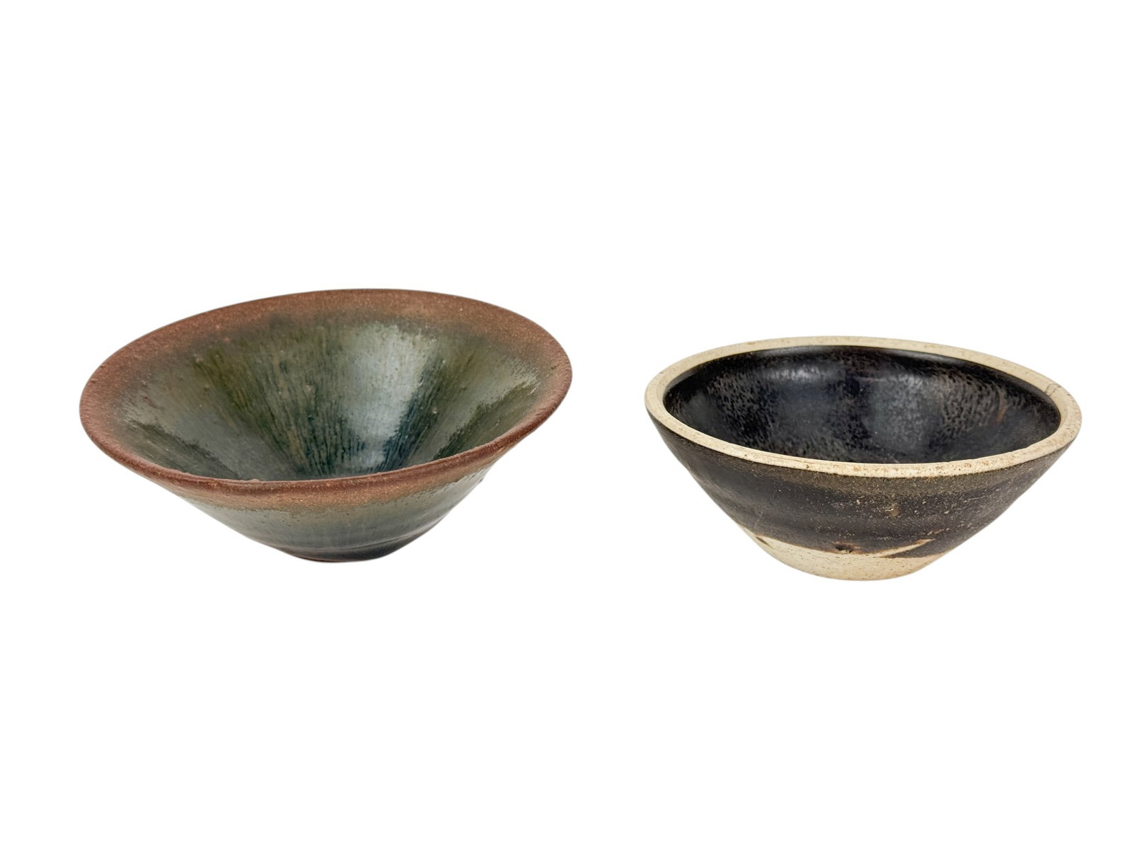2 Chinese ceramic tea bowls.: A Fujian Kiln Tenmoku and Ganzhou black glazed tea bowl. Smallest: 3/4" x 5". Largest: 1 1/4" x 4 1/4".