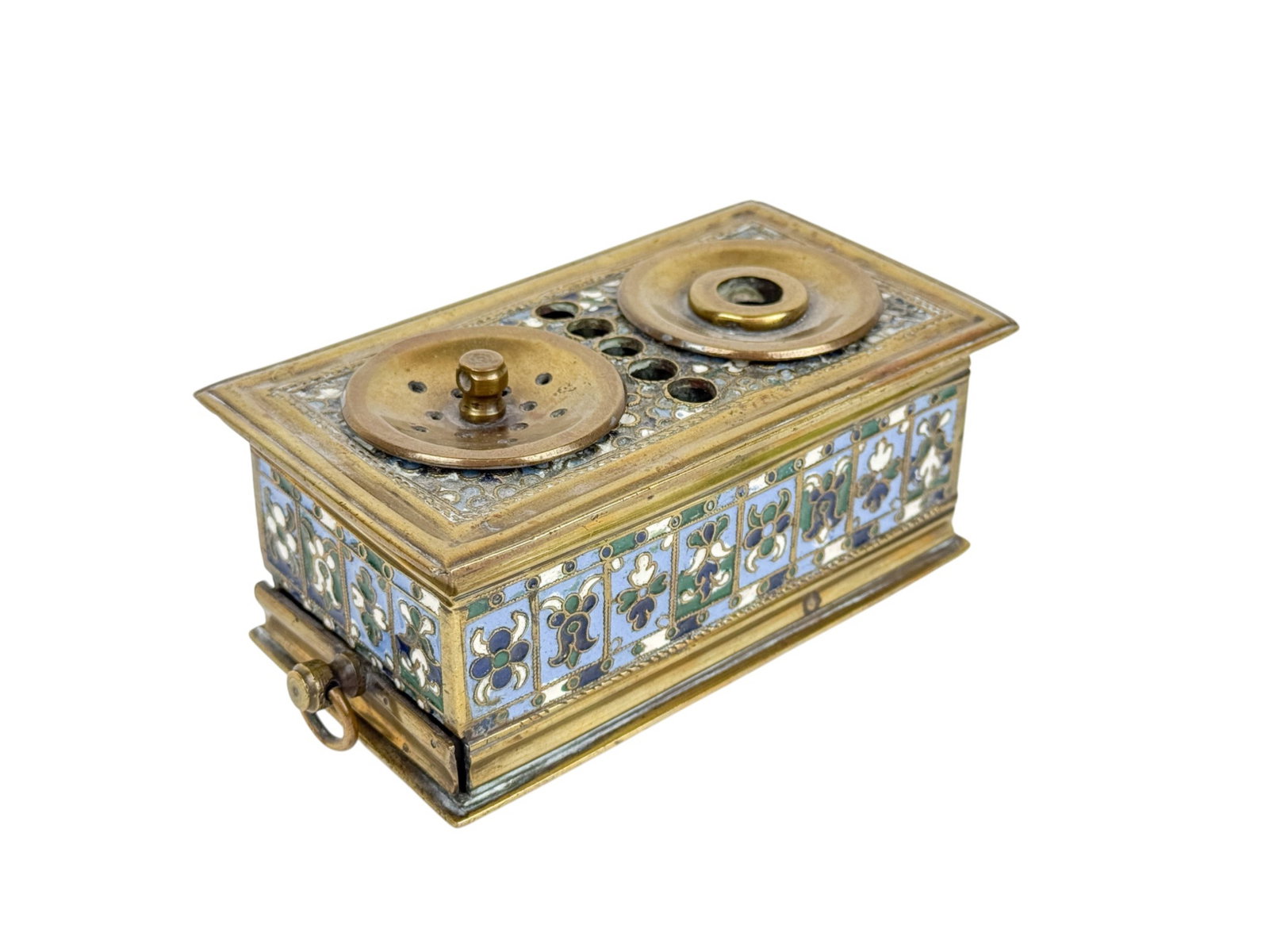 Russian enamel brass ink well.: Russian brass and cloisonné enamel double inkwell, late 19th to early 20th century. Rectangular form decorated with polychrome enamel panels in blue, green, and white floral and foliate designs. The