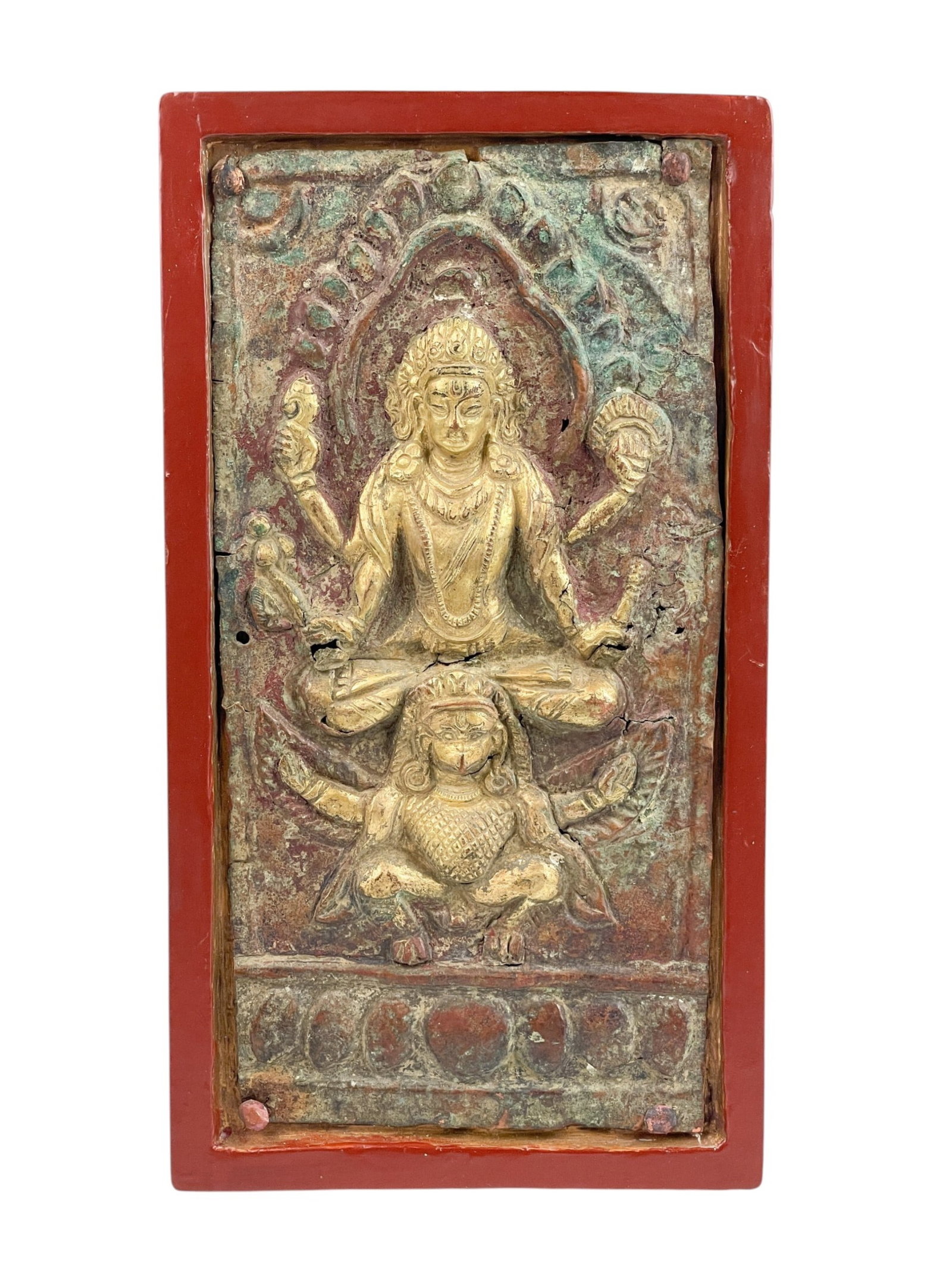 Nepalese gilt metal panel, Vishnu riding Garuda. (1 of 5)