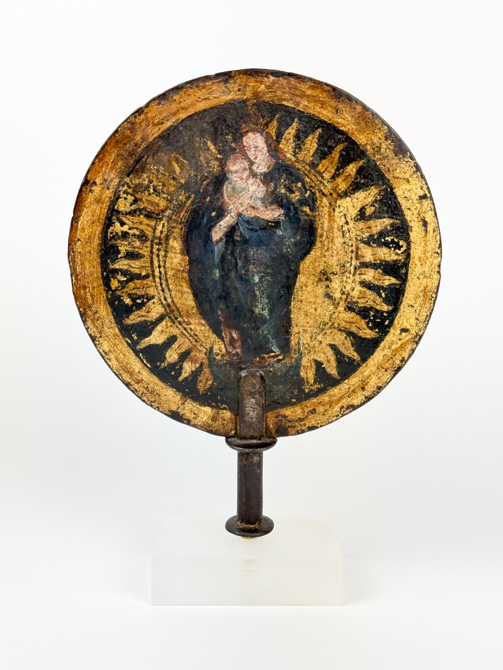 Spanish Colonial Madonna and Child.: A Spanish Colonial processional painted metal roundel. Decorated with the Madonna and Child on one side and a symbol of the Queenship of Mary on the other. Circa 18th century. 9" x 7".