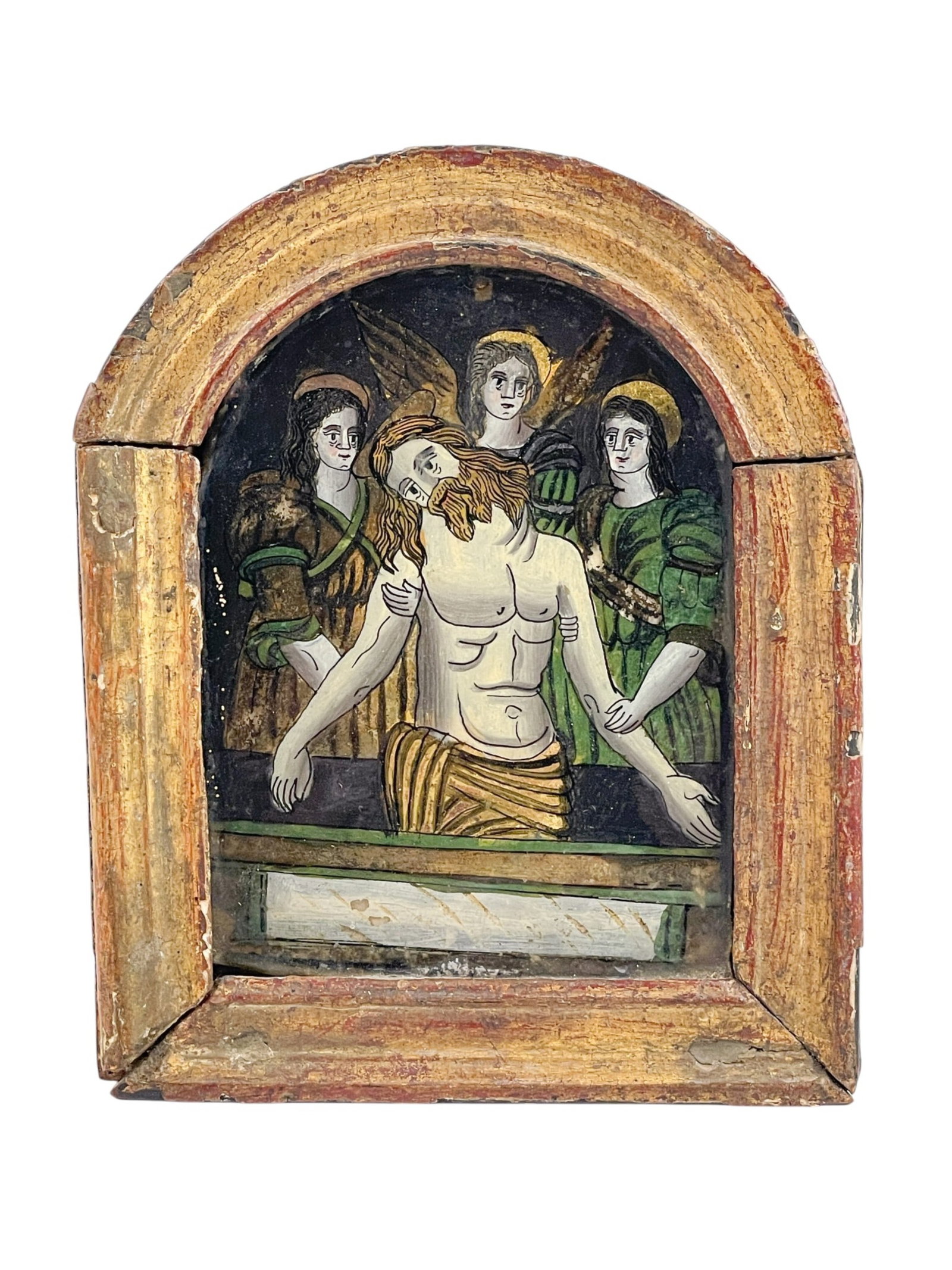 Italian Christ in the Tomb painted glass.: An Italian painted glass Christ in the Tomb in gilt wood frame. Frame: 6 1/2" x 5 1/4". Provenance: The Metropolitan Museum of Art has a similar Murano painted panel.