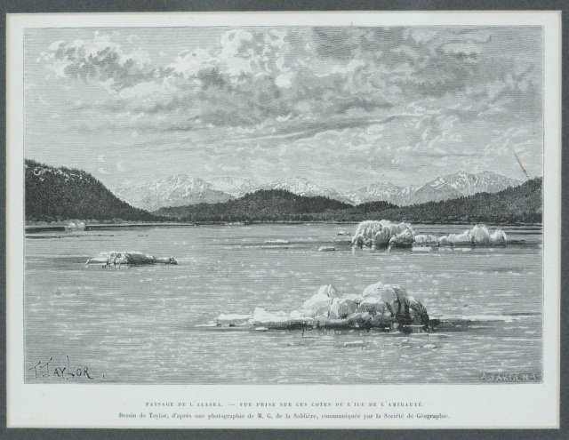 19th Century Etching of Alaskan Landscape: Etching of landscape with water, ice and mountains. Unsigned. Simple black frame. Written in verso: "1890 Print". Printed in the plate: T. Taylor, A. Sargent". Printed underneath plate: "Paysage de L'