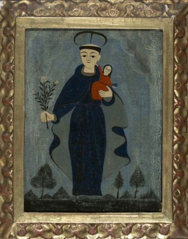 19th Century Retablo of St. Joseph, Oil on Canvas: Retablo painting depicting St. Joseph holding the Chist Child who is holding an orb. Oil on canvas. 19th century. Unsigned. Carved gilt frame. 15 1/2" x 11 3/4". Frame: 20 1/2" x 16 1/2.