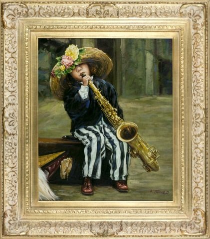 Oil on Canvas Small Girl Playing Saxophone: Painting of a small girl playing the saxophone. Oil on canvas. 20th century. Signed at l.r. "O. Tanner". Elaborate gilt frame. 23" x 19". Frame: 34 1/4" x 30 1/4".