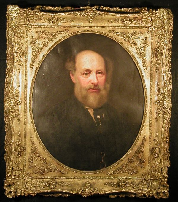 Portrait of Older Gentleman with Beard o: Portrait of Older Gentleman with Beard oil on canvas, signed and dated l. r., "P.(?) Ochlbeck, 1858;" in ornate gilt frame with oval view, some restoration, 30"h x 24.75"w.