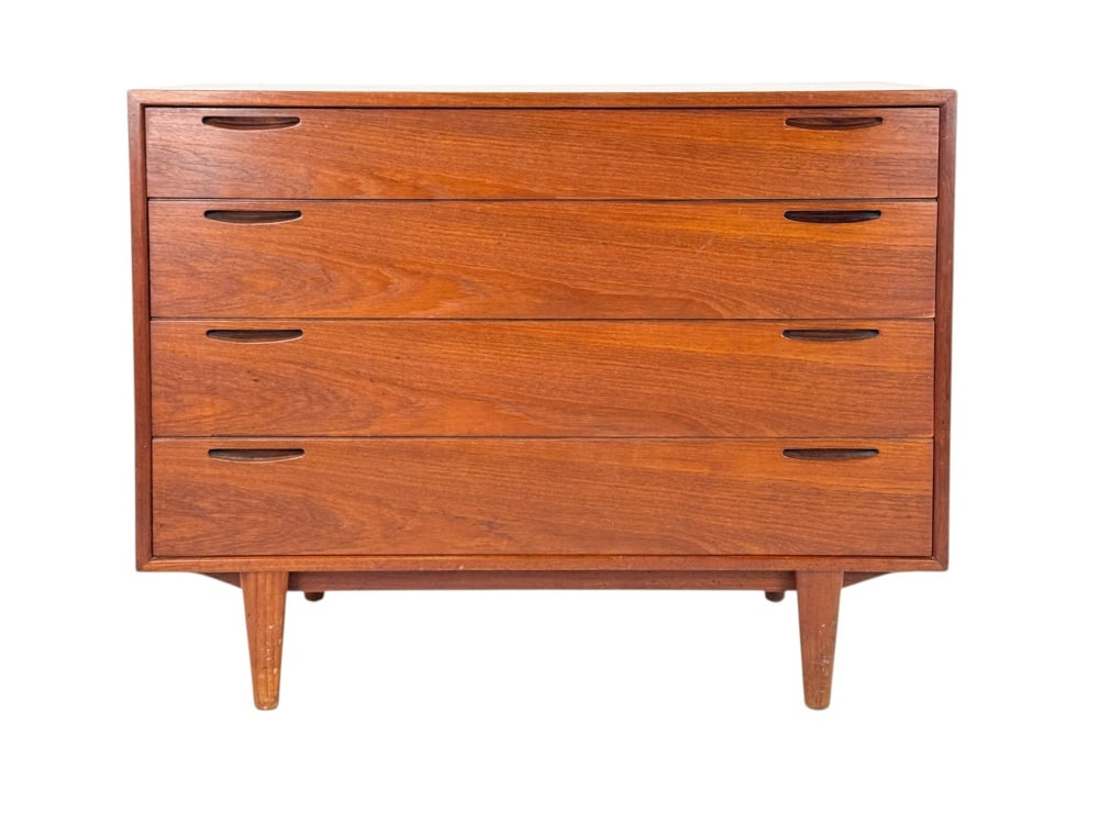 Mid-Century Modern Teak Chest of Drawers, circa: Mid-Century Modern Teak Chest of Drawers, c.1960s. Rectangular teak-veneered case fitted with four graduated drawers, each with paired sculpted recessed pulls, raised on a stretcher base with tapered 
