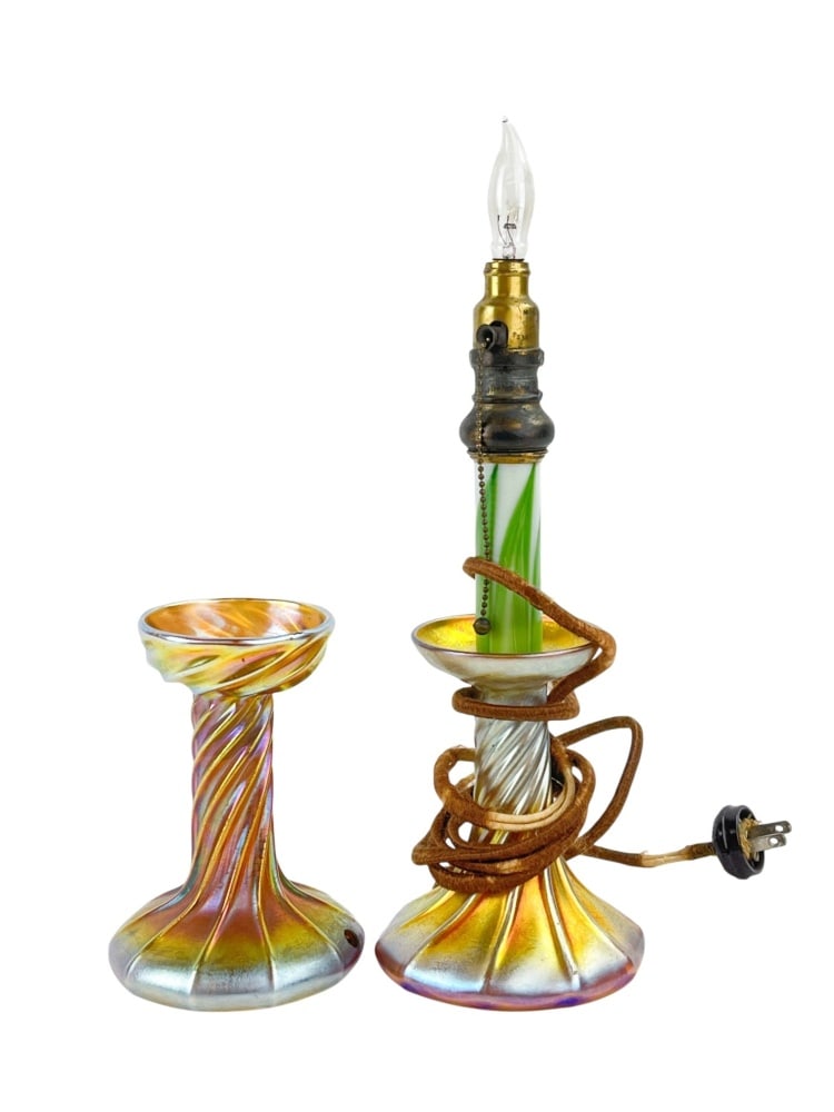 Two Tiffany Studios Gold Favrile Glass Candle-Lamp (1 of 7)